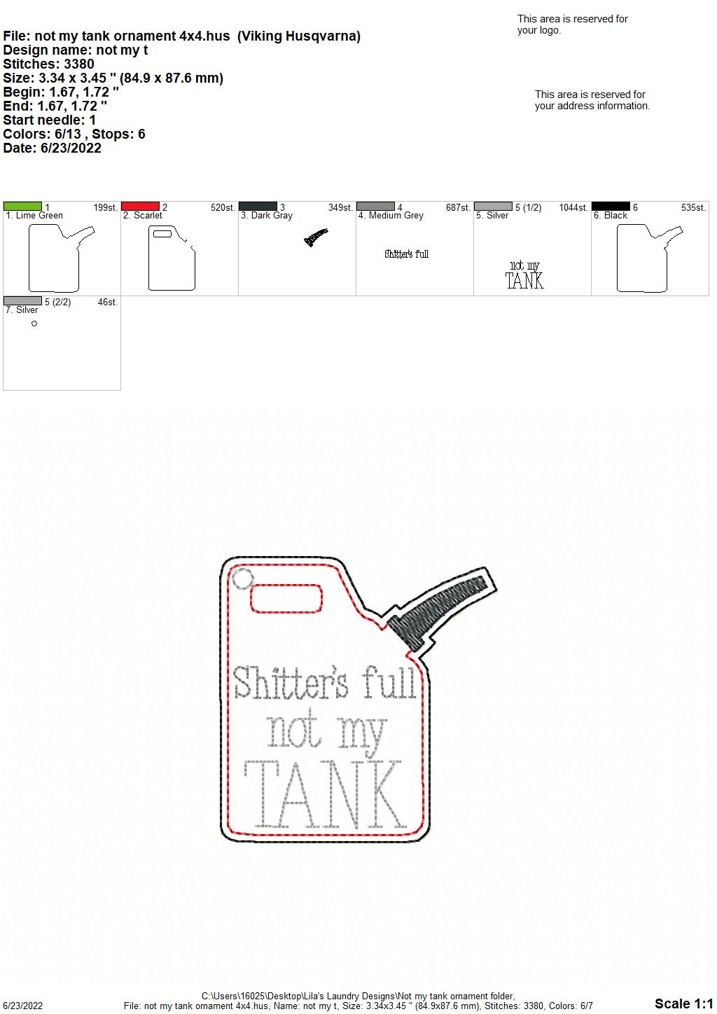 Not my tank Ornament - Digital Embroidery Design