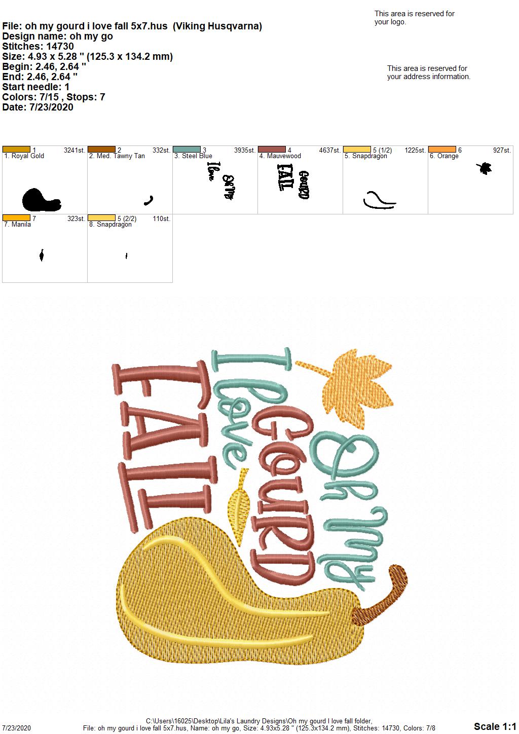 Oh My Gourd I love Fall - 2 Sizes - Digital Embroidery Design
