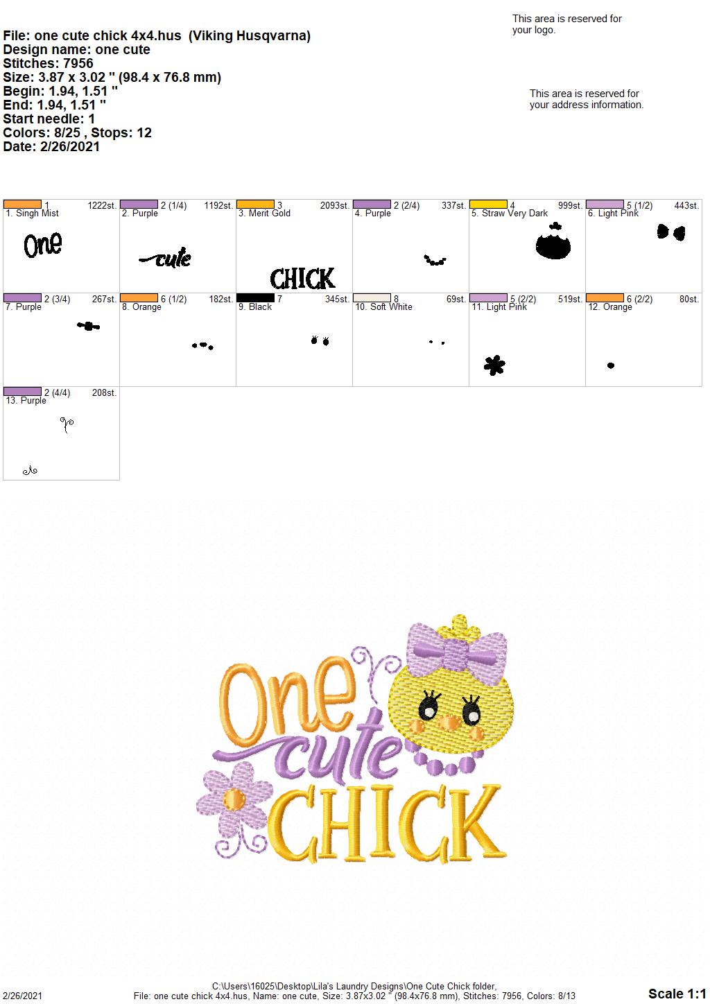 One Cute Chick - 2 sizes- Digital Embroidery Design
