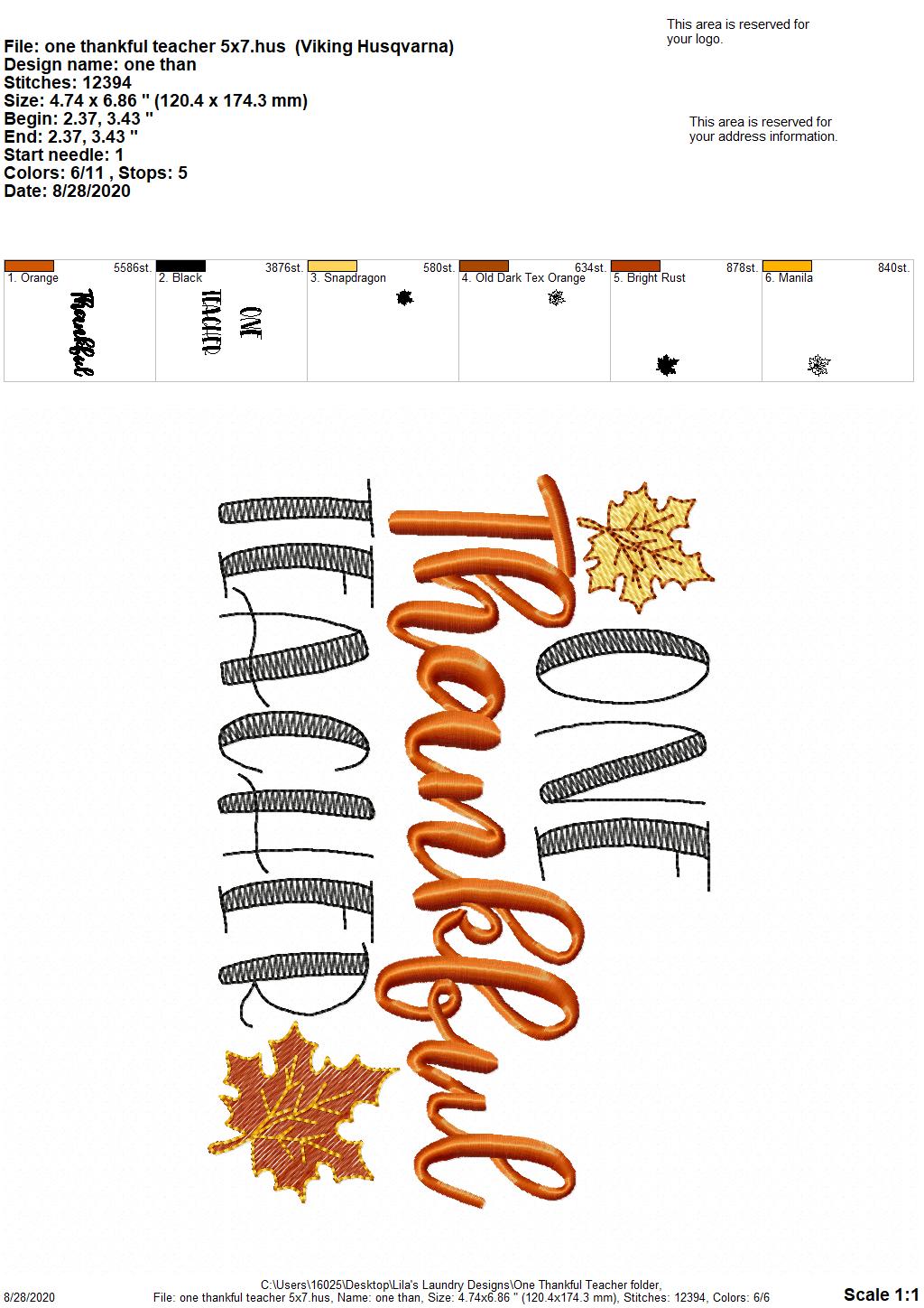 One Thankful Teacher - 2 Sizes - Digital Embroidery Design