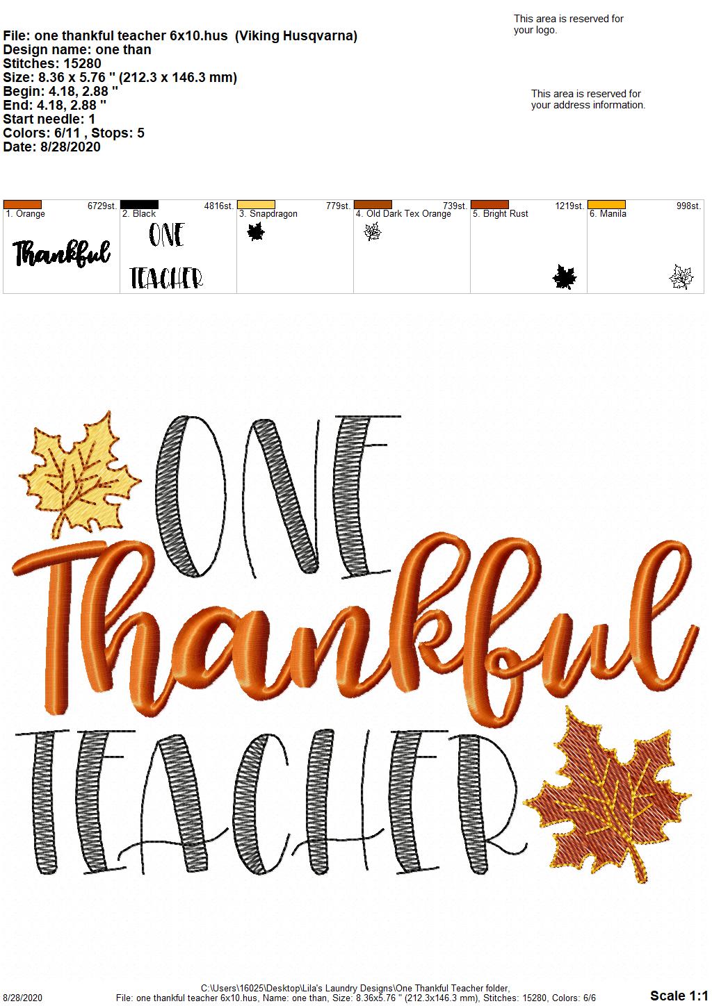 One Thankful Teacher - 2 Sizes - Digital Embroidery Design