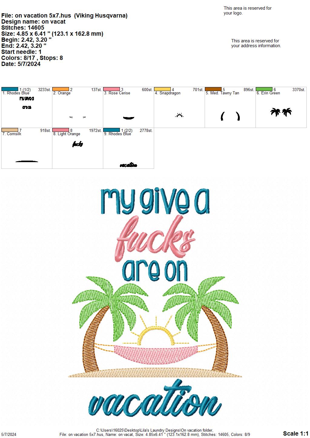 On Vacation - 3 Sizes - Digital Embroidery Design