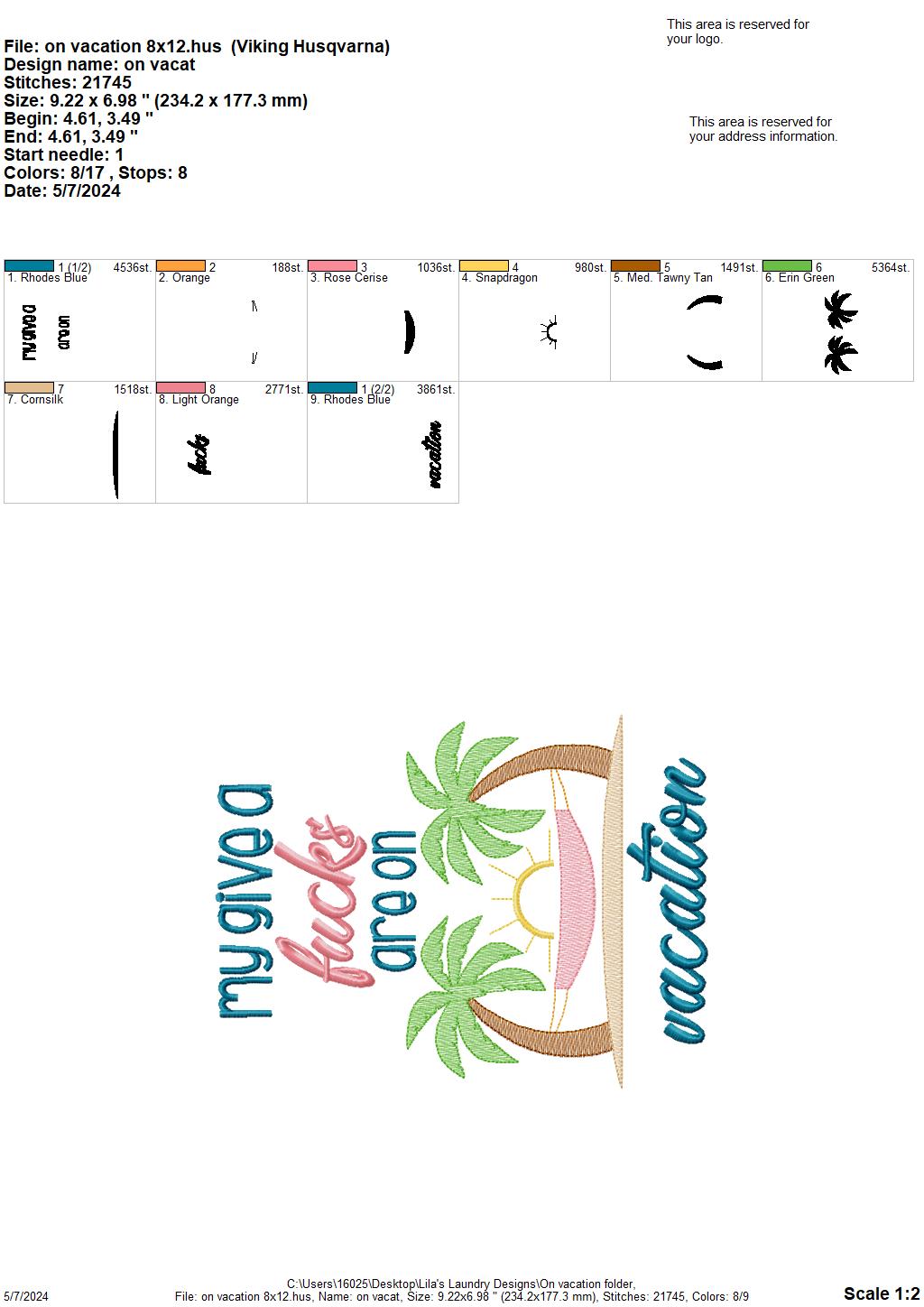 On Vacation - 3 Sizes - Digital Embroidery Design