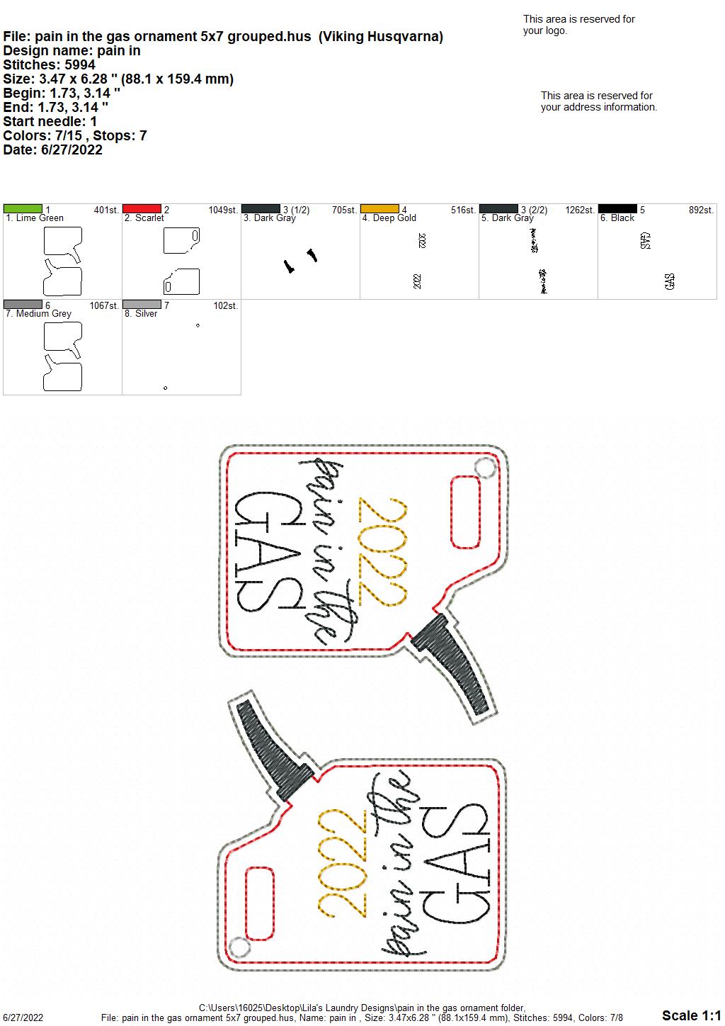Pain in the Gas Ornament - Digital Embroidery Design