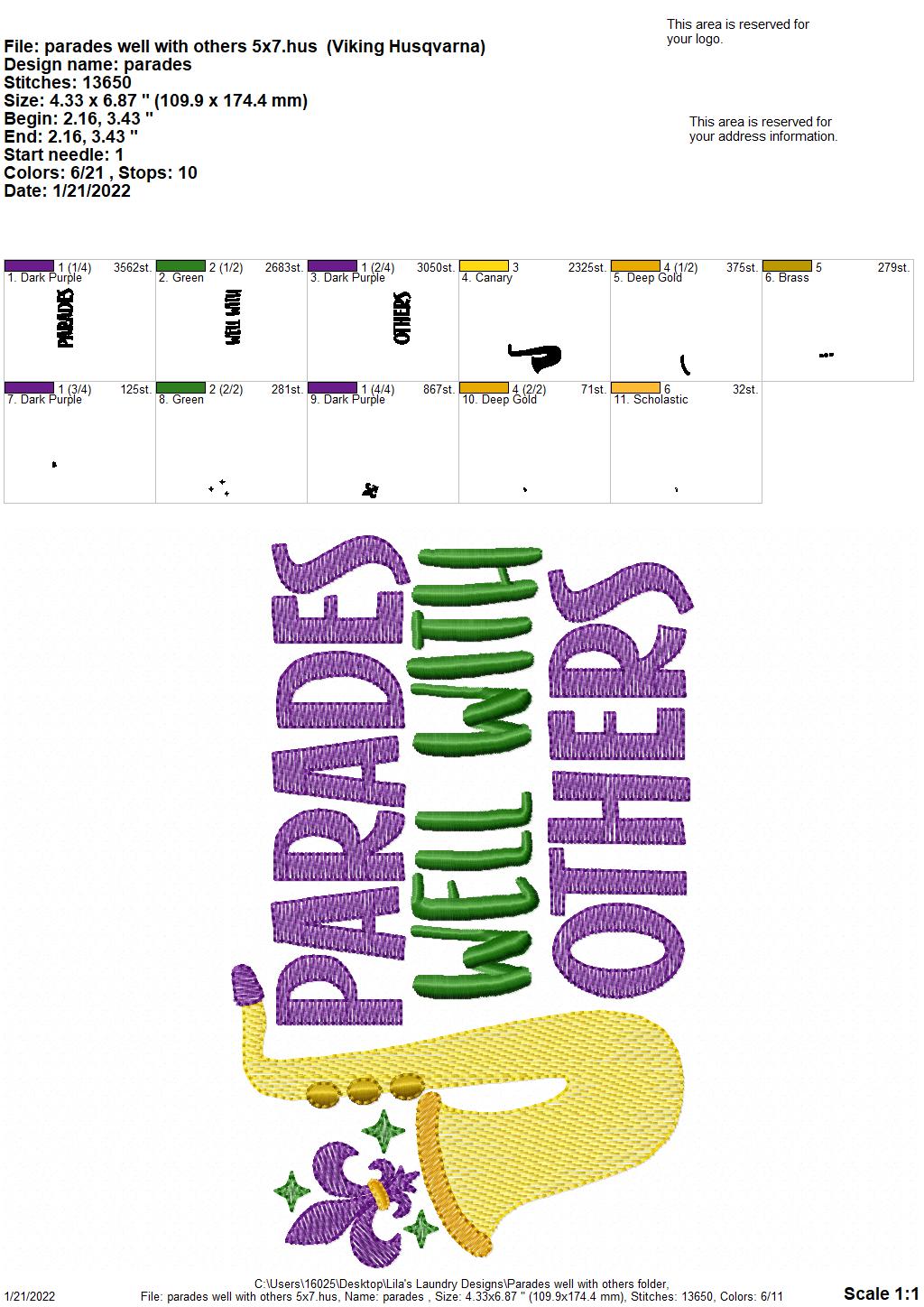 Parades well with others - 3 sizes- Digital Embroidery Design