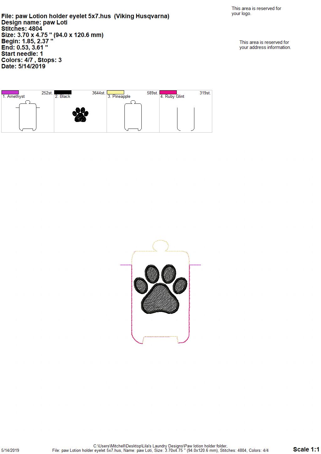 Paw Hand Lotion Holder 5x7 included- DIGITAL Embroidery DESIGN