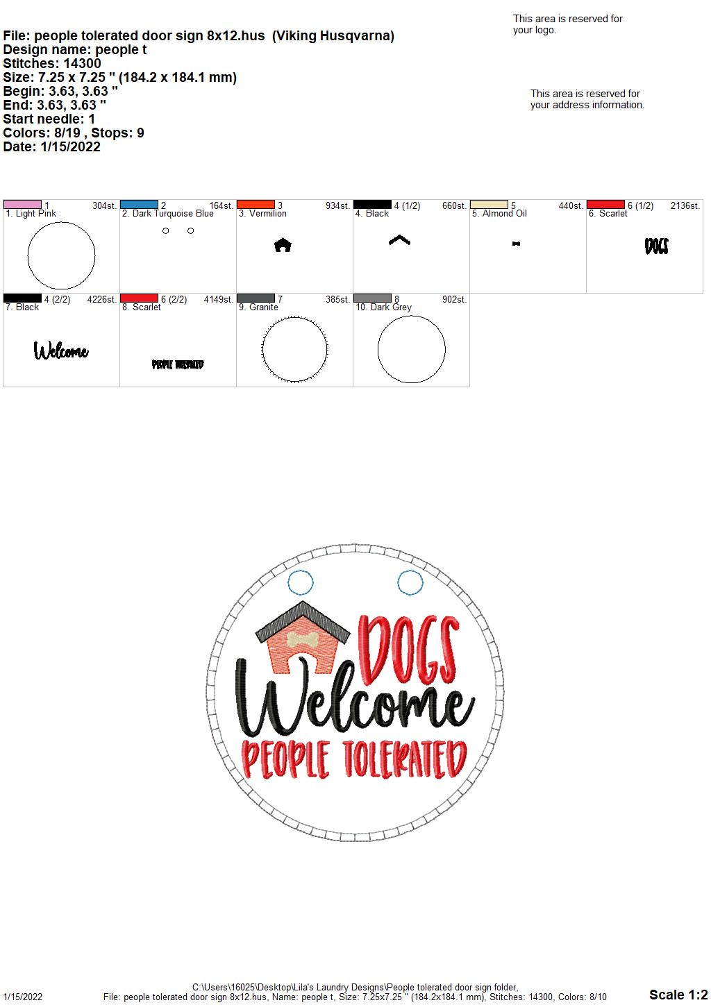 People Tolerated Door Sign - 3 sizes - Digital Embroidery Design
