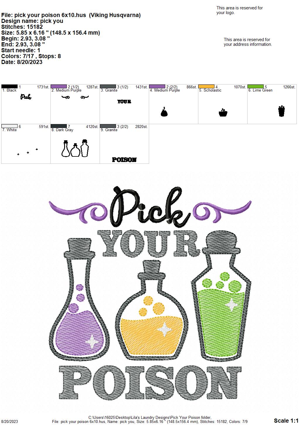 Pick Your Poison - 3 sizes- Digital Embroidery Design
