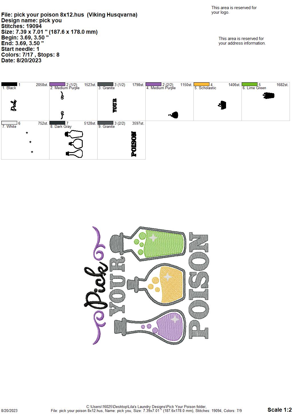Pick Your Poison - 3 sizes- Digital Embroidery Design
