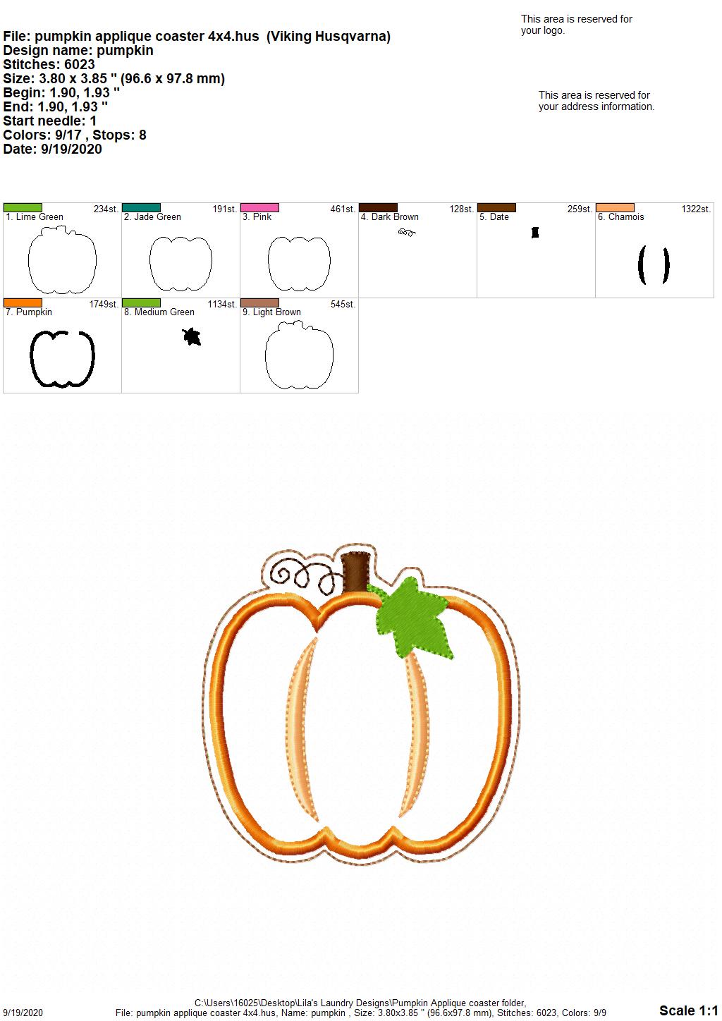 Pumpkin Applique Coaster  4x4 - DIGITAL Embroidery DESIGN
