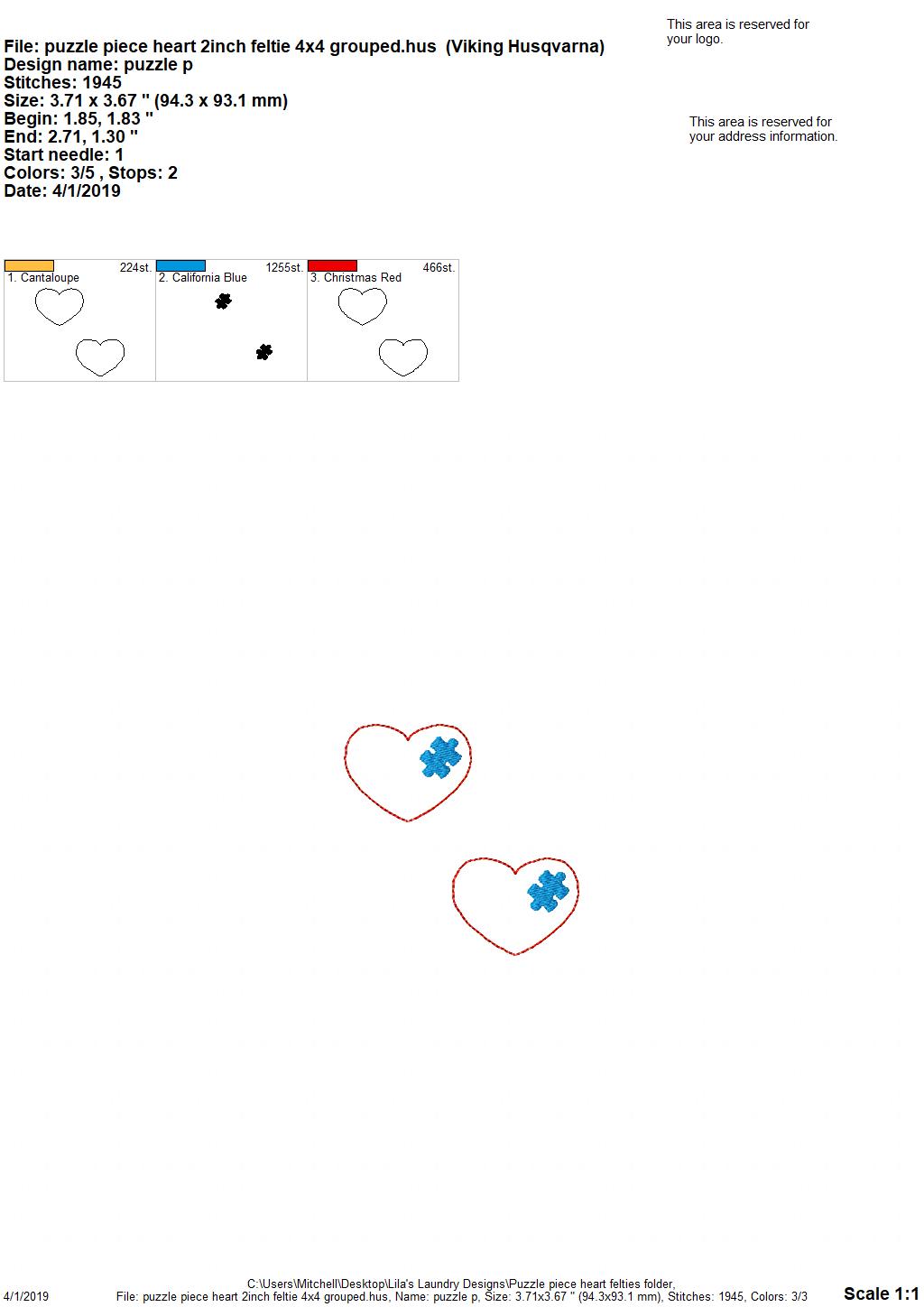 Puzzle Piece Heart Felties - 3 sizes- Digital Embroidery Design