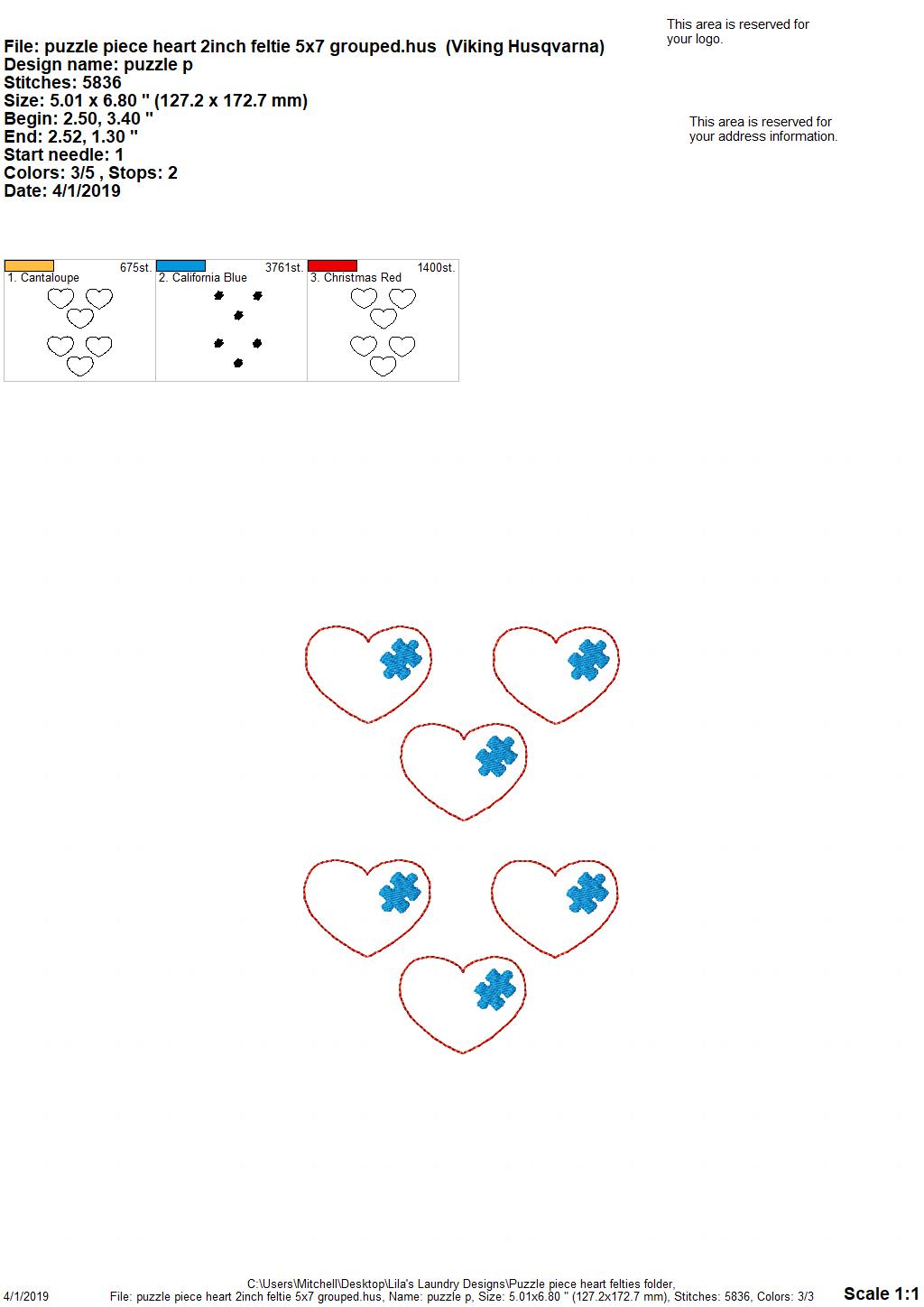 Puzzle Piece Heart Felties - 3 sizes- Digital Embroidery Design