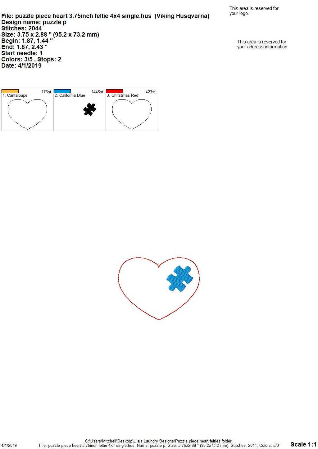 Puzzle Piece Heart Felties - 3 sizes- Digital Embroidery Design
