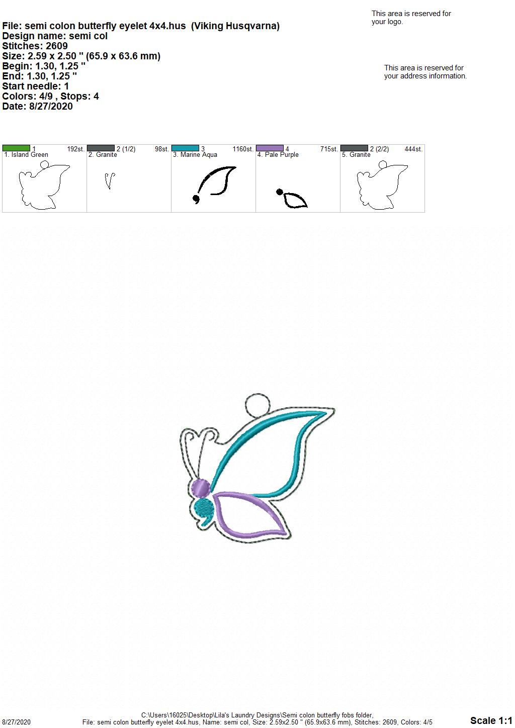 Semi Colon Butterfly Fobs - DIGITAL Embroidery DESIGN