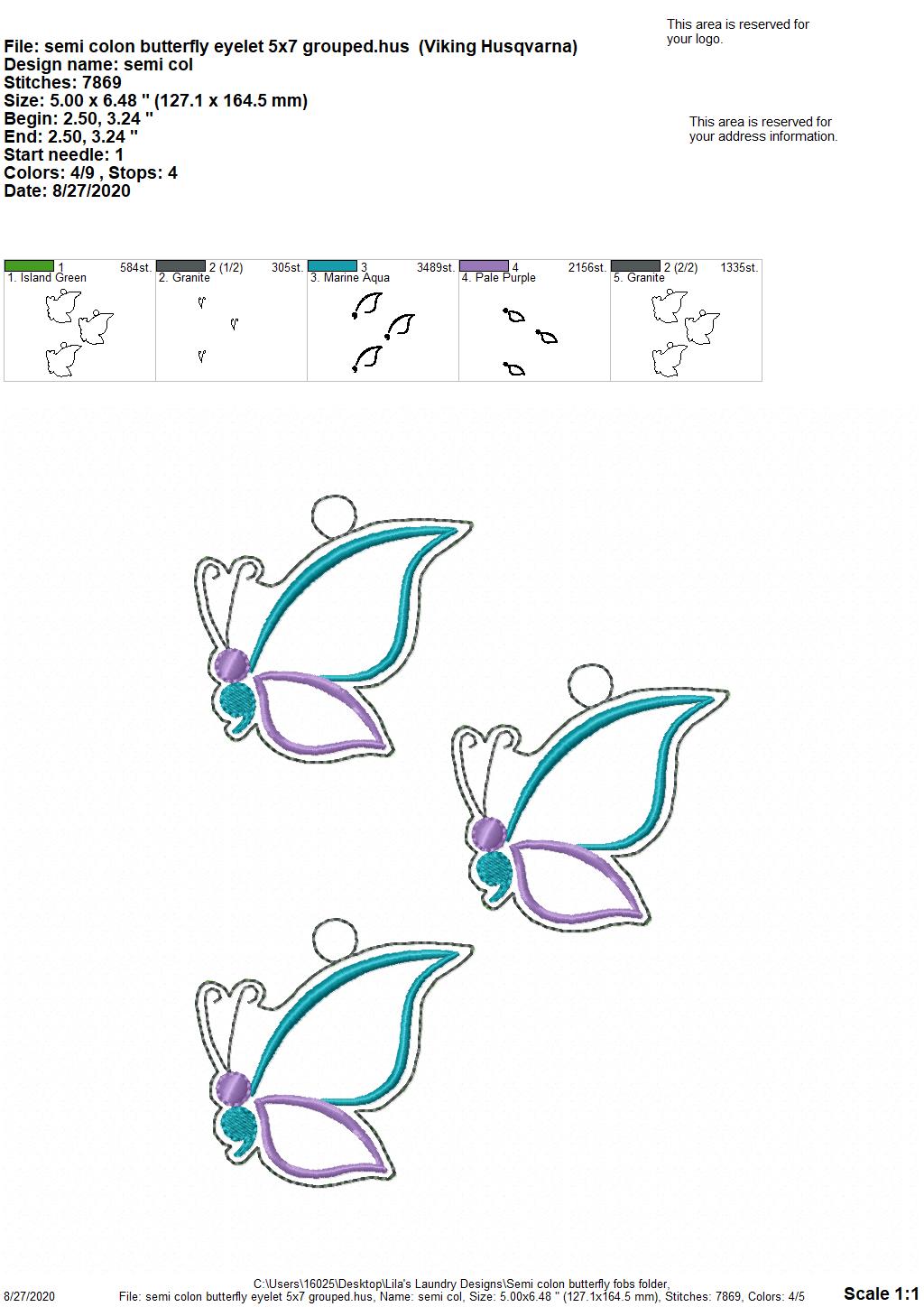 Semi Colon Butterfly Fobs - DIGITAL Embroidery DESIGN