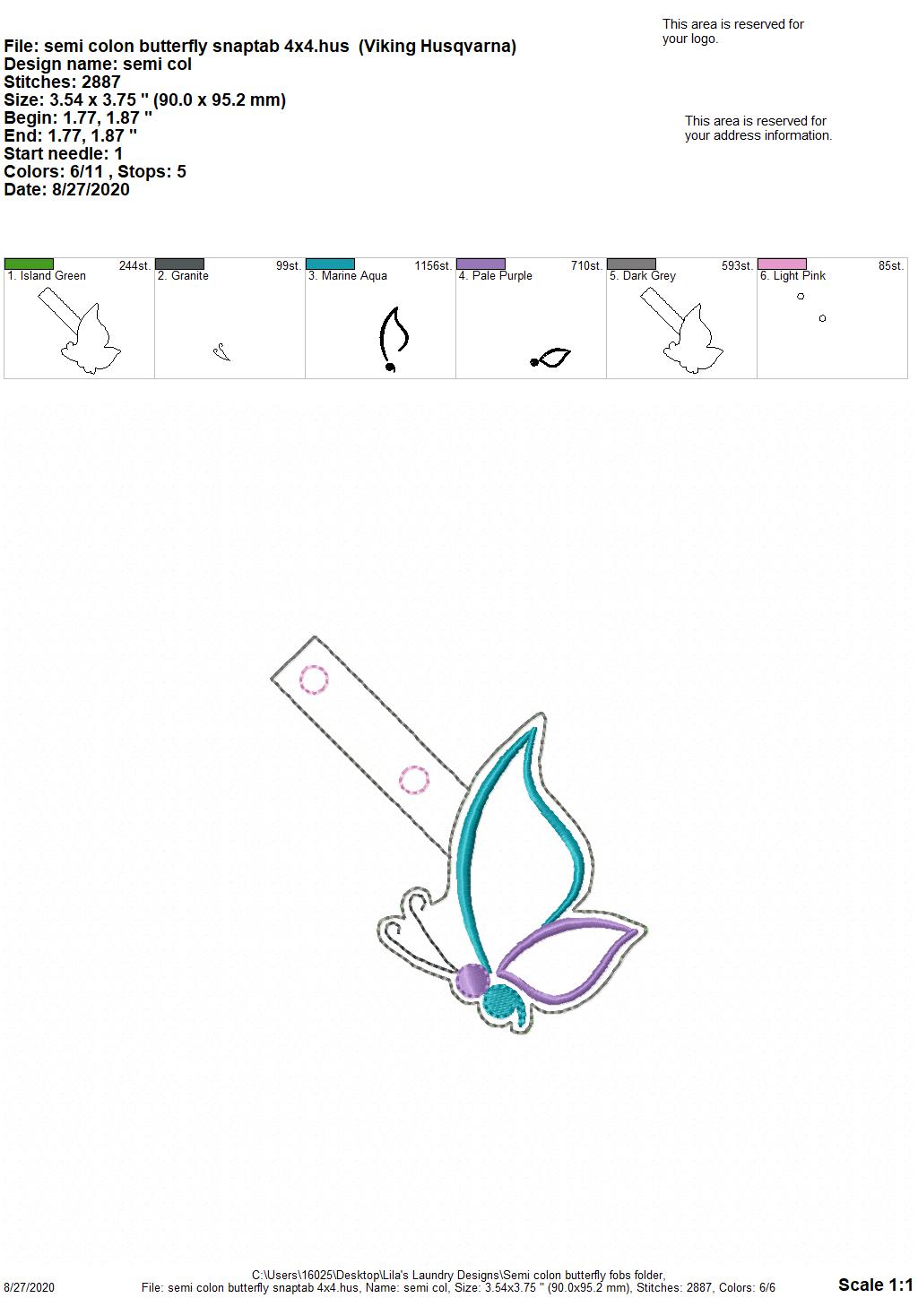 Semi Colon Butterfly Fobs - DIGITAL Embroidery DESIGN