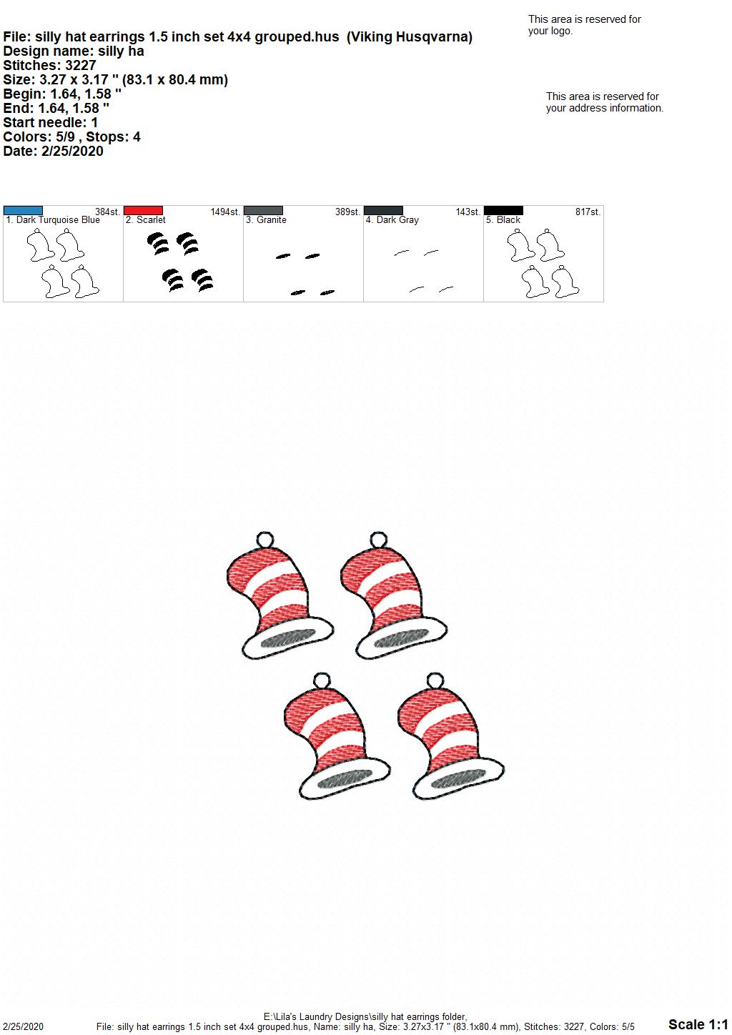 Silly Hat Earrings - 2 sizes - Digital Embroidery Design