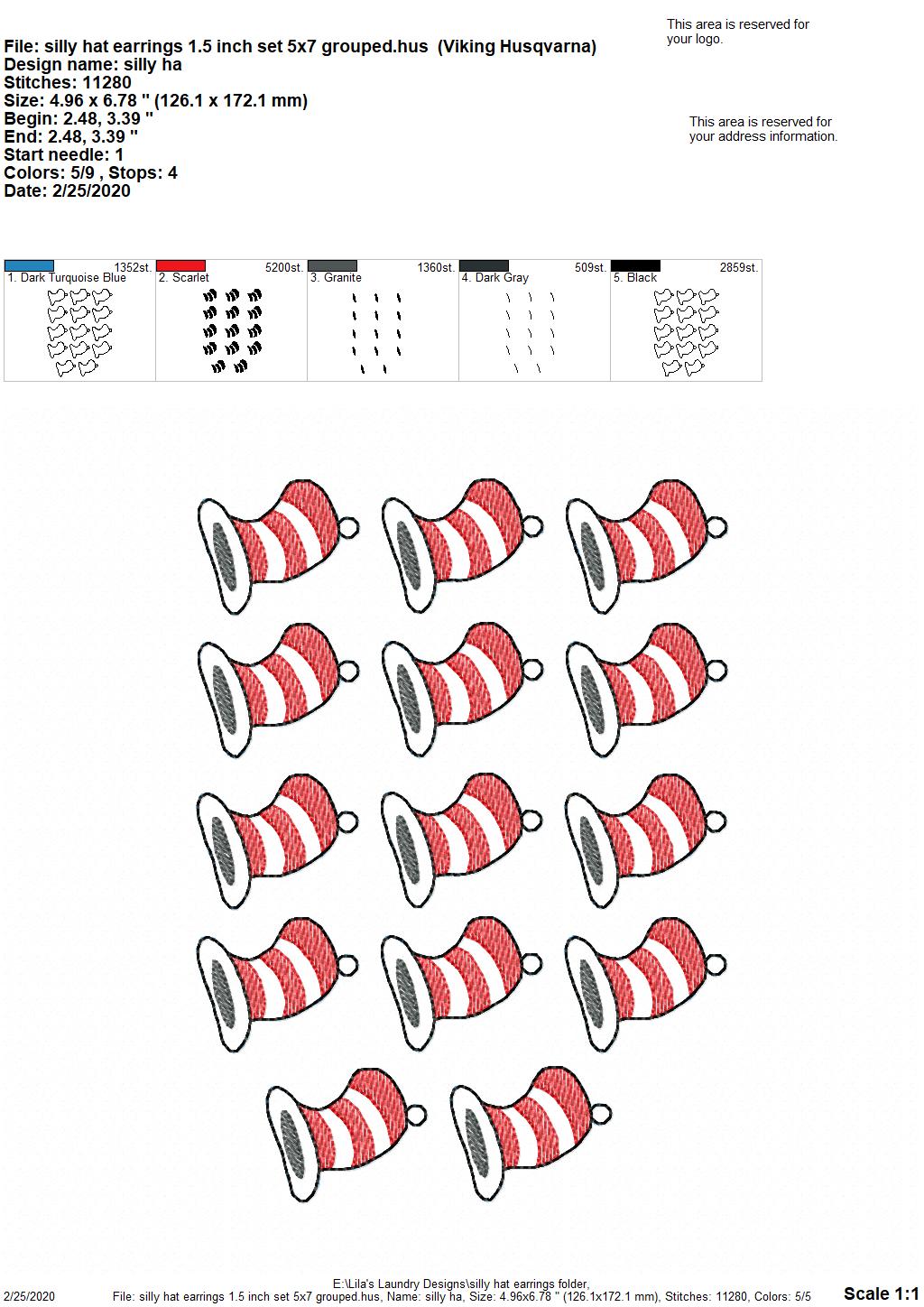 Silly Hat Earrings - 2 sizes - Digital Embroidery Design
