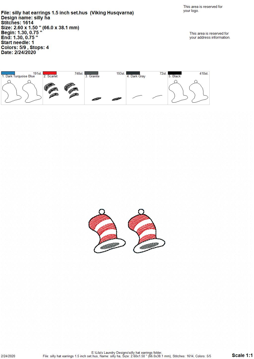Silly Hat Earrings - 2 sizes - Digital Embroidery Design