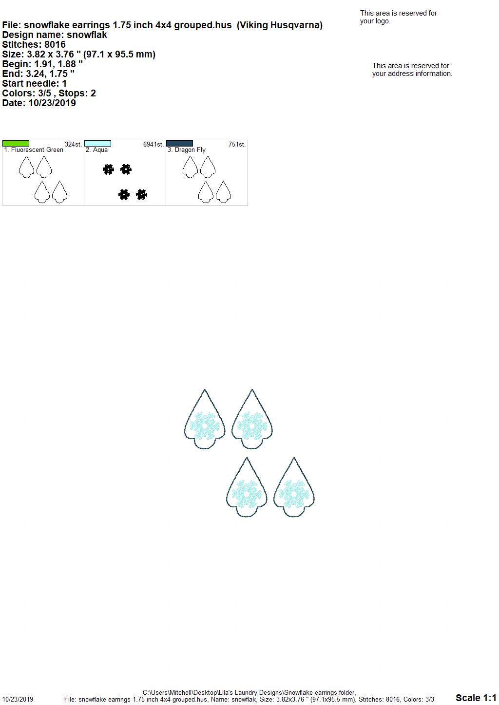 Snowflake Earrings - 3 sizes - Digital Embroidery Design