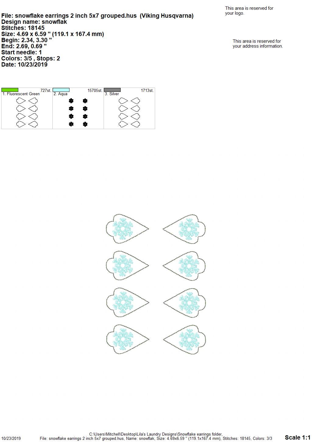 Snowflake Earrings - 3 sizes - Digital Embroidery Design