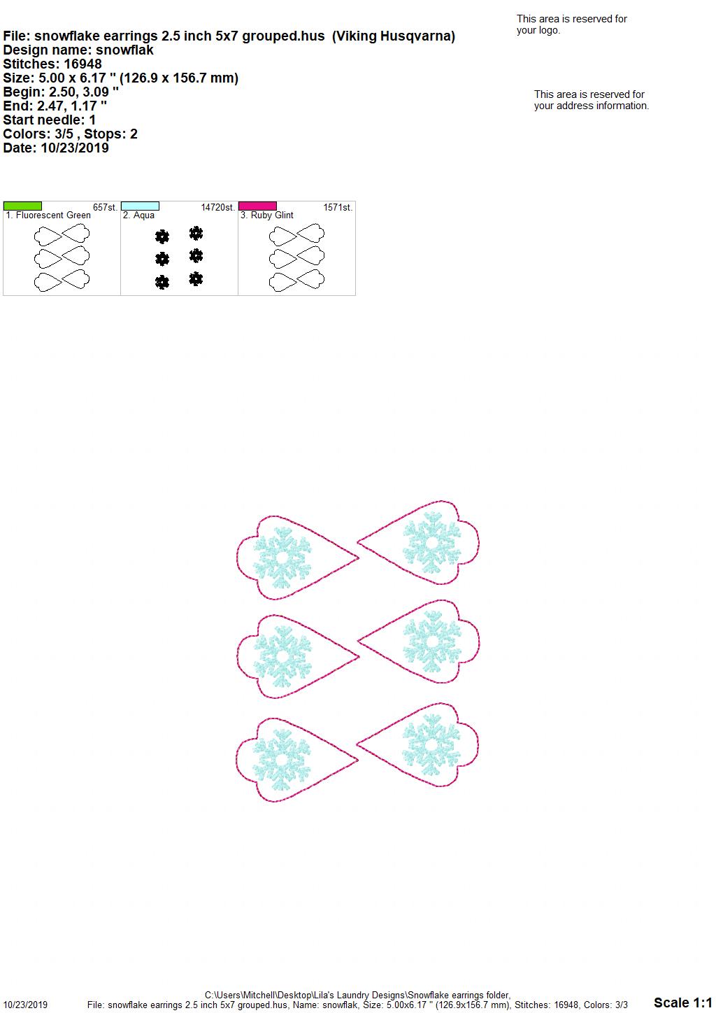 Snowflake Earrings - 3 sizes - Digital Embroidery Design