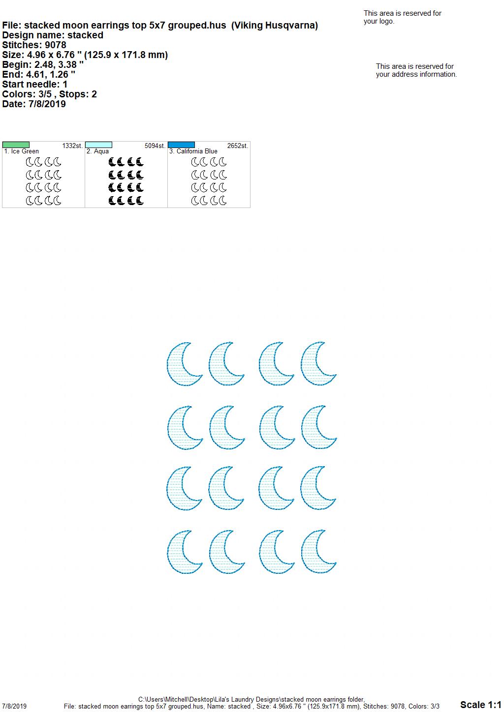 Stacked Moon Earrings - Digital Embroidery Design