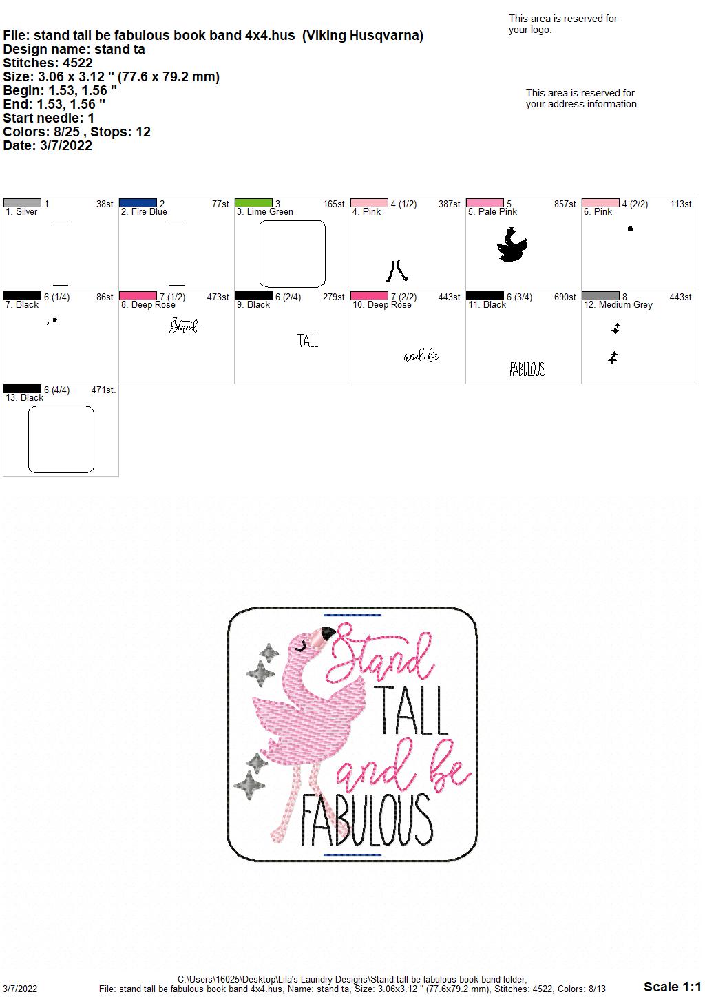 Stand Tall Be Fabulous Book Band - Embroidery Design, Digital File