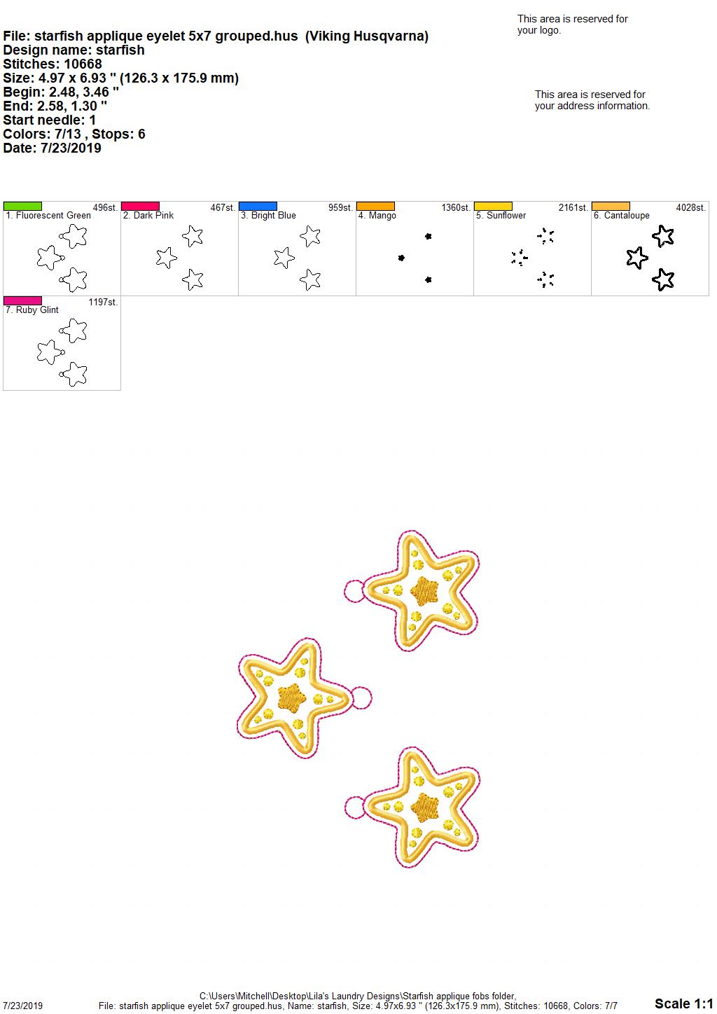 Starfish Applique Fobs - DIGITAL Embroidery DESIGN