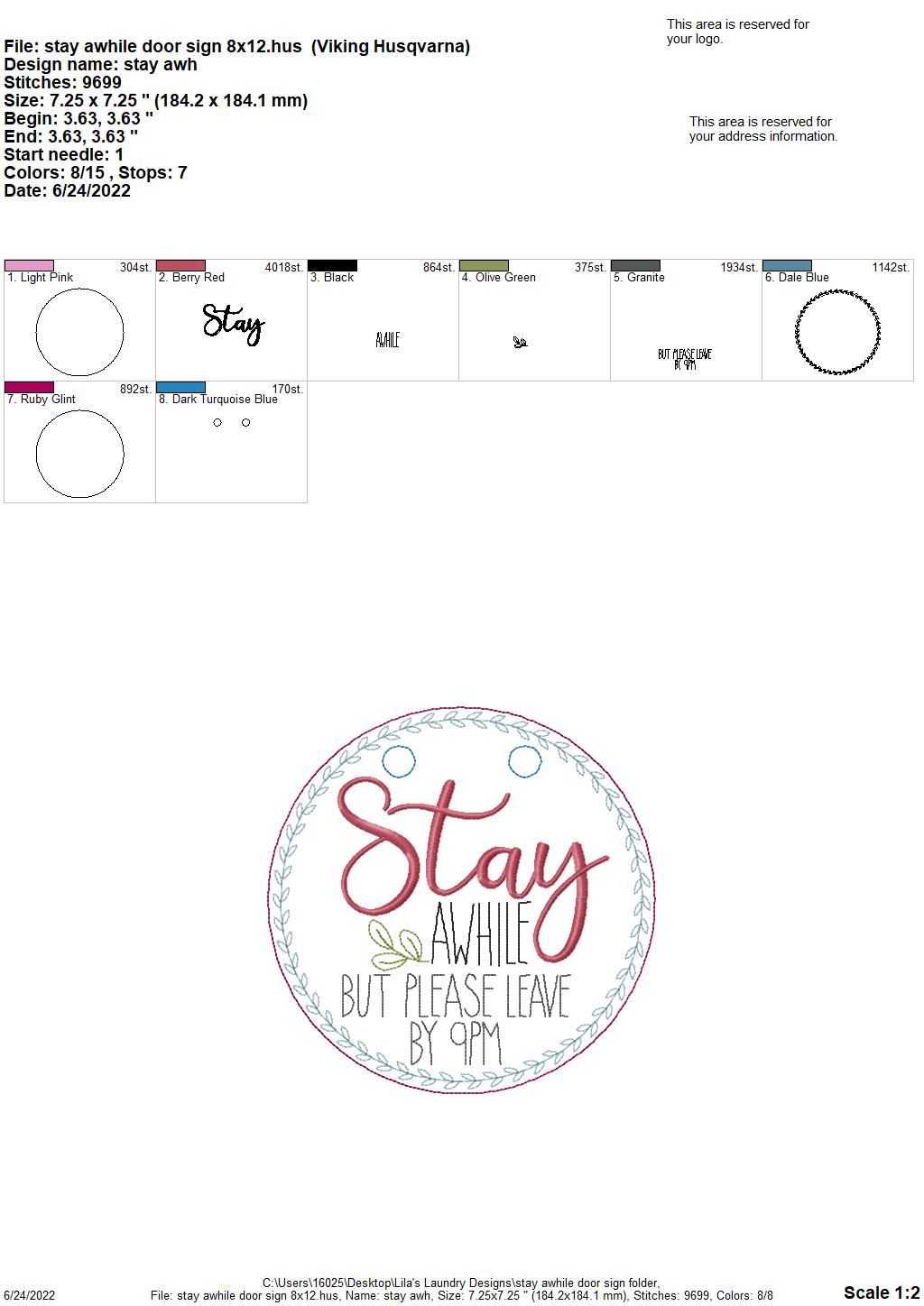 Stay Awhile Door Sign - 3 sizes - Digital Embroidery Design
