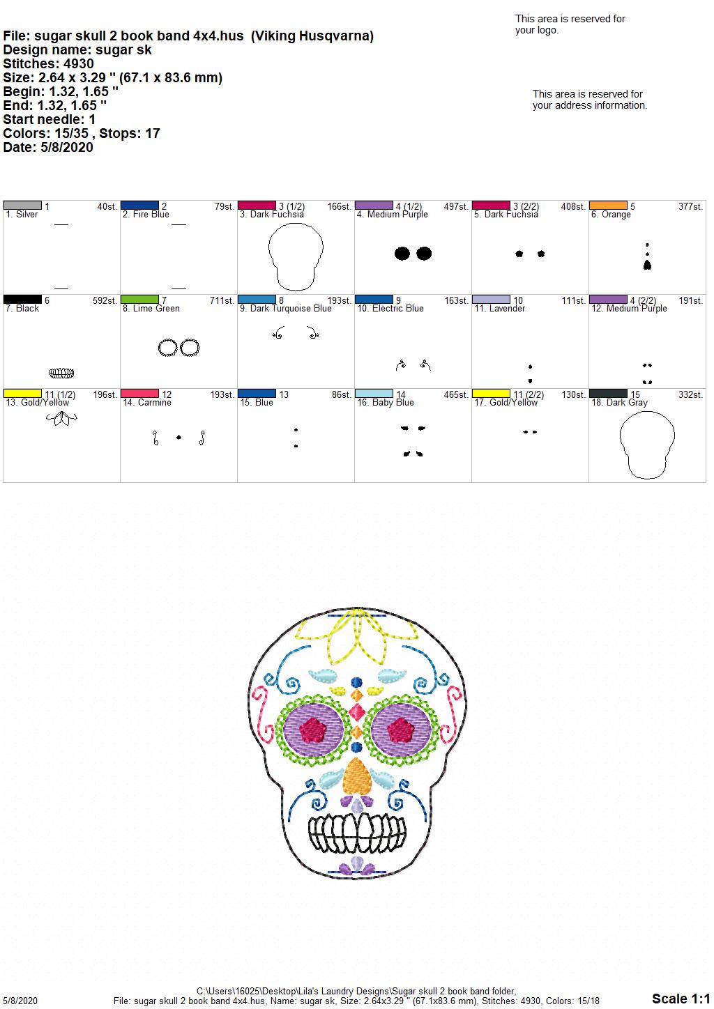 Sugar Skull 2 Book Band - Digital Embroidery Design
