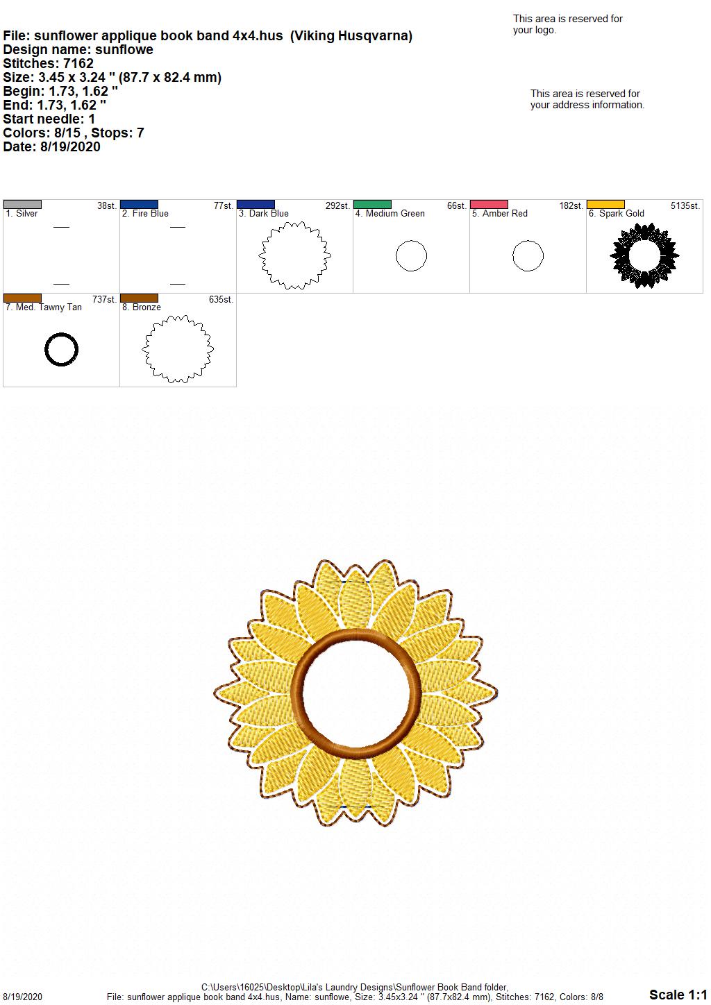 Sunflower Applique Book Band - Digital Embroidery Design