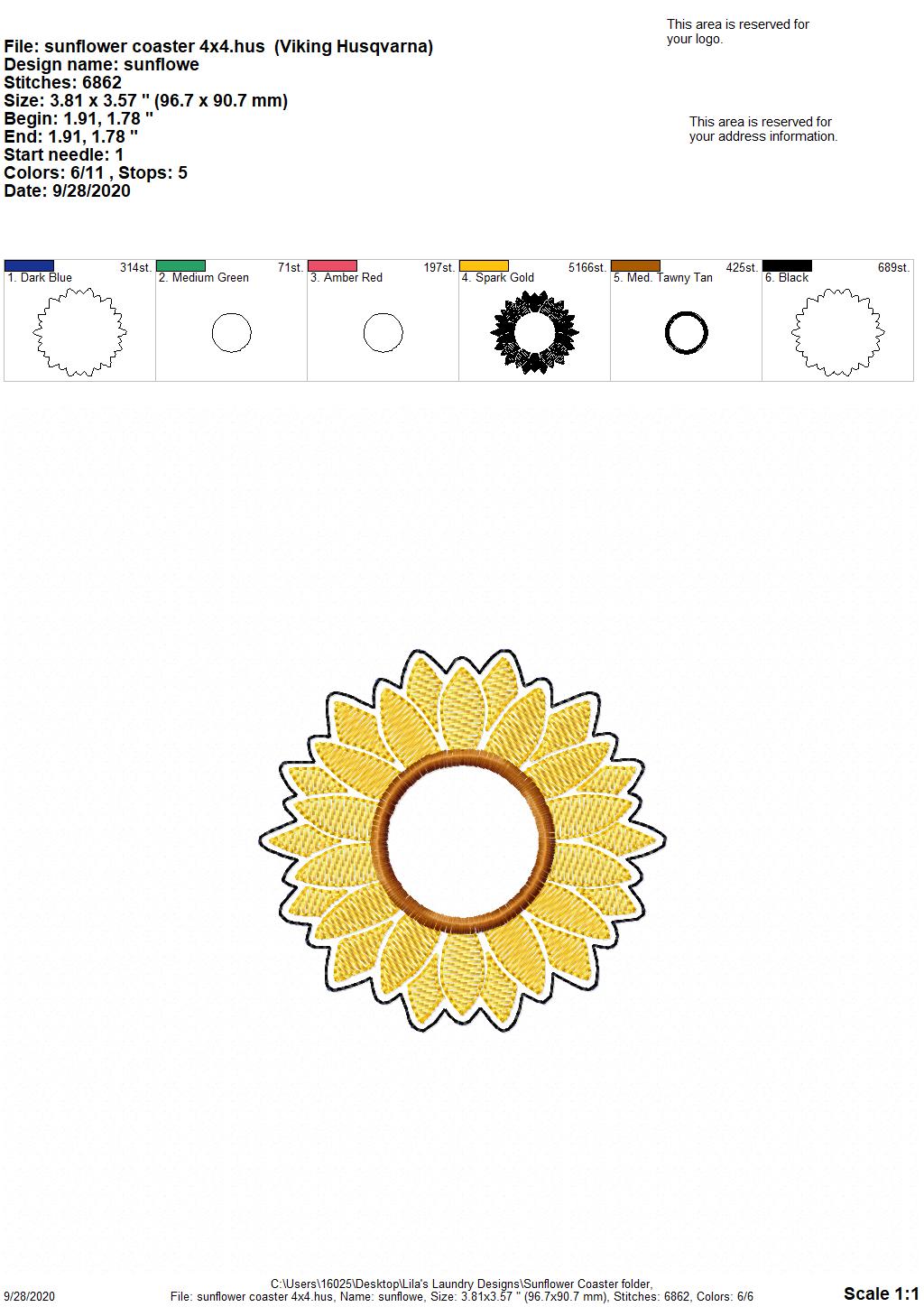 Sunflower Applique Coaster 4x4 - DIGITAL Embroidery DESIGN
