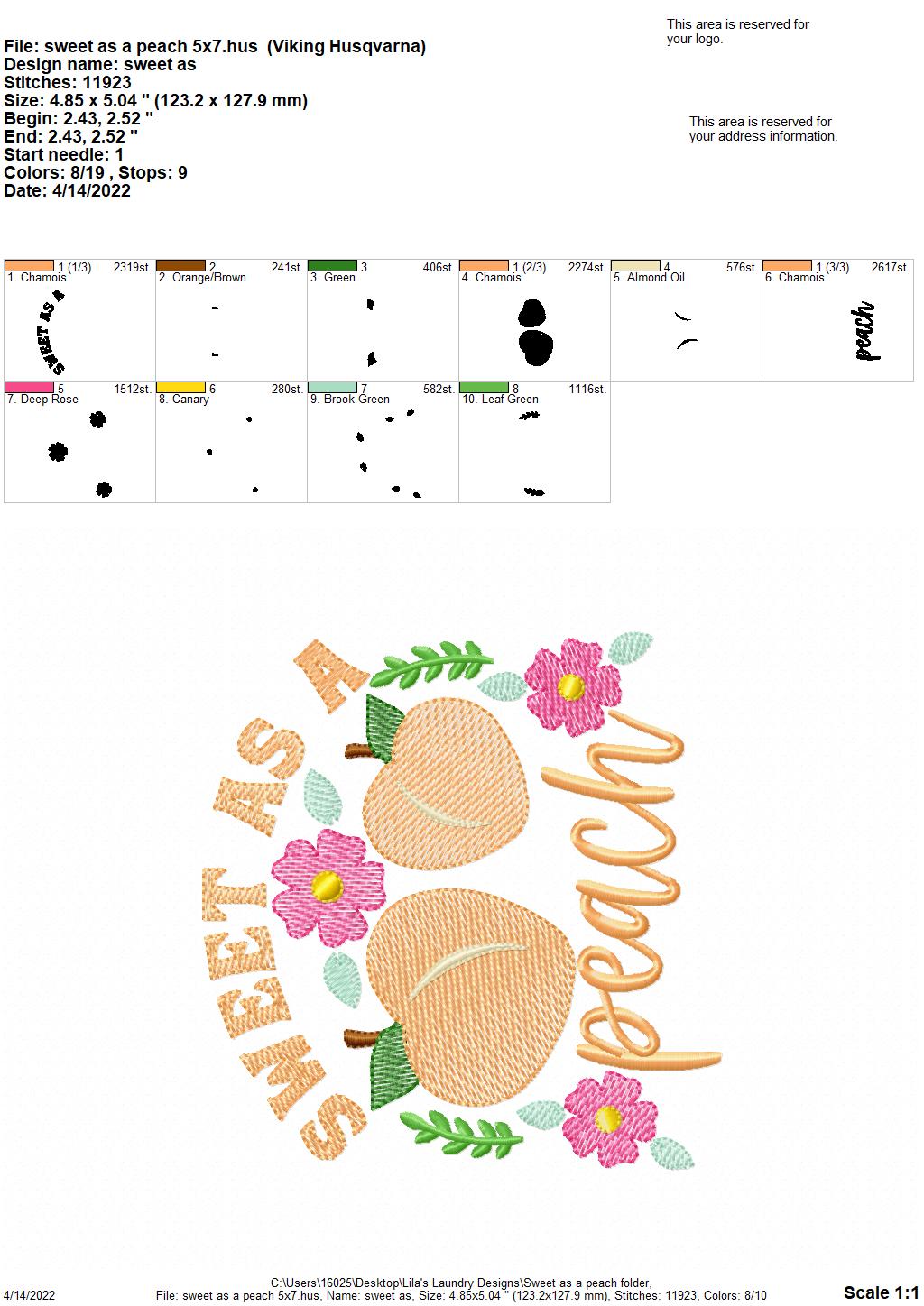 Sweet as a Peach - 3 sizes- Digital Embroidery Design