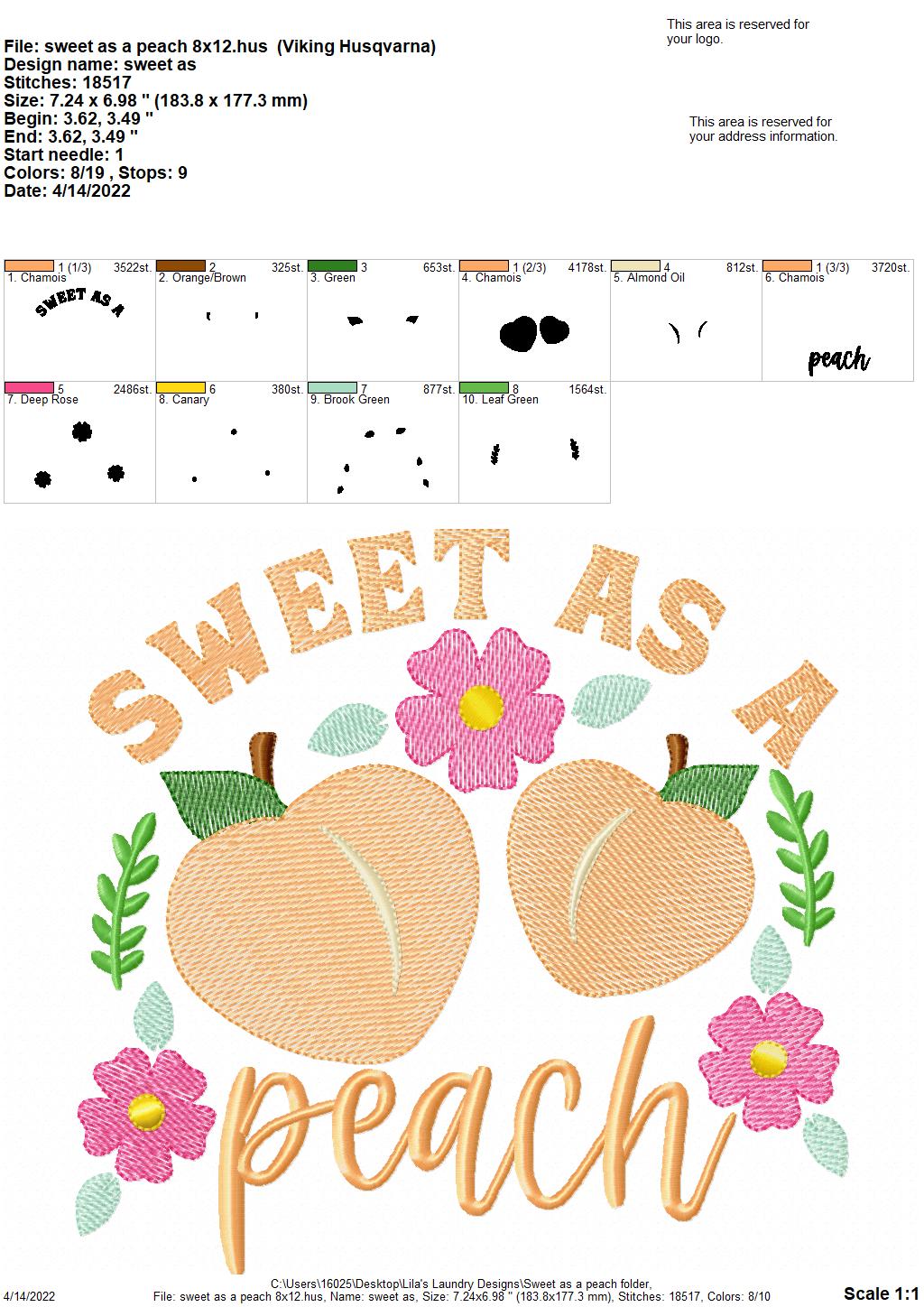 Sweet as a Peach - 3 sizes- Digital Embroidery Design