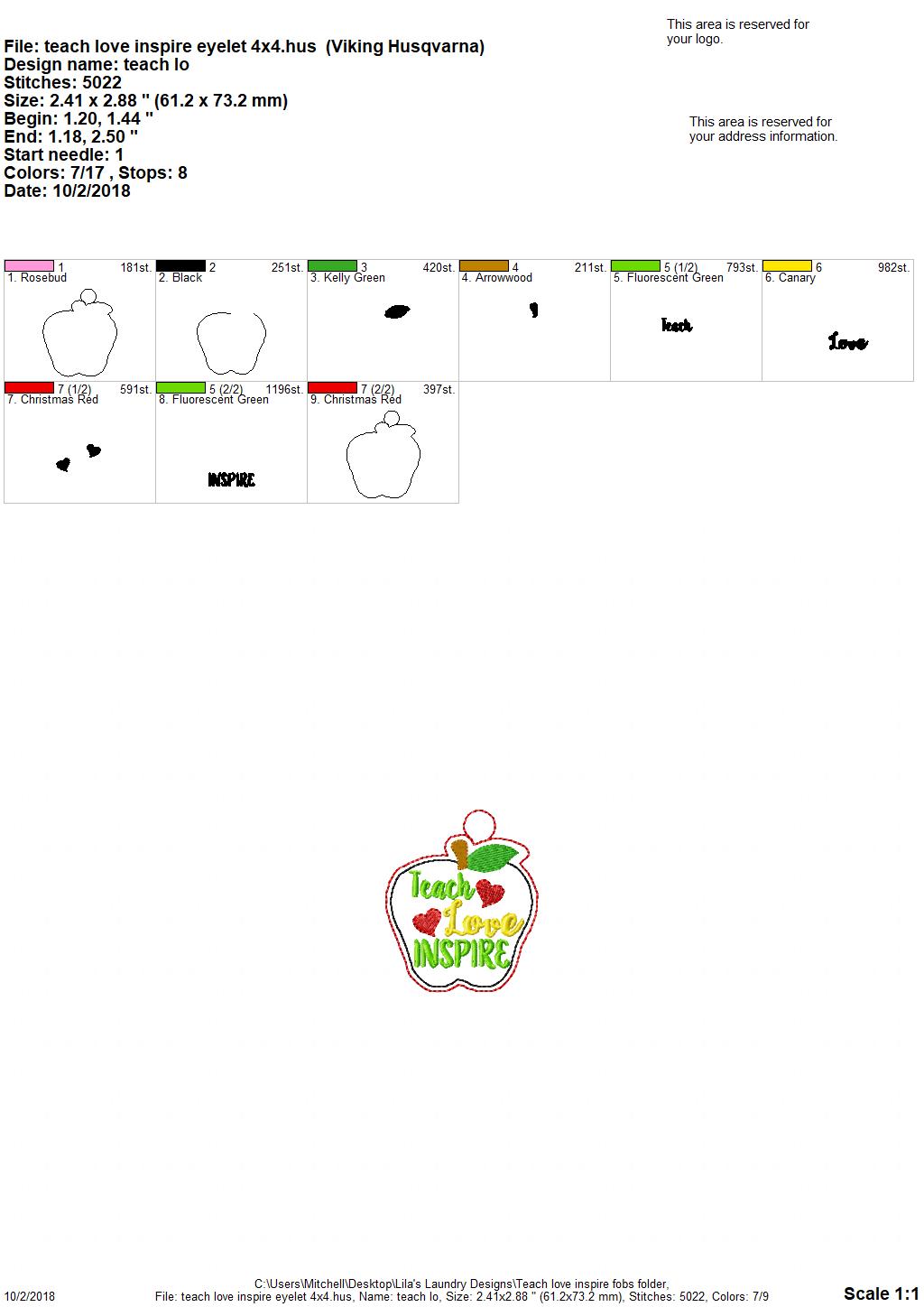 Teach Love Inspire Fobs - Embroidery Design - DIGITAL Embroidery DESIGN