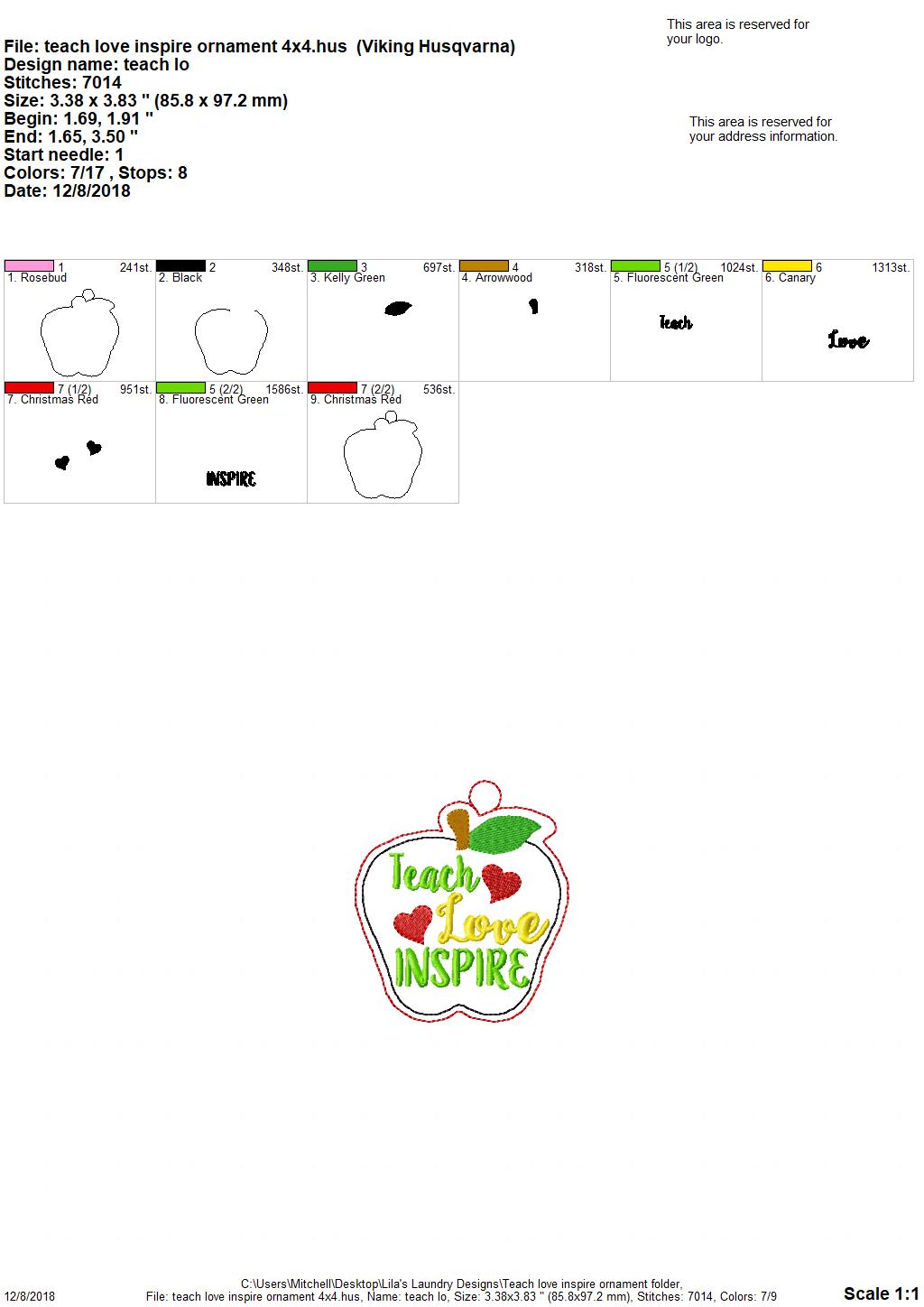 Teach Love Inspire Ornament - Digital Embroidery Design