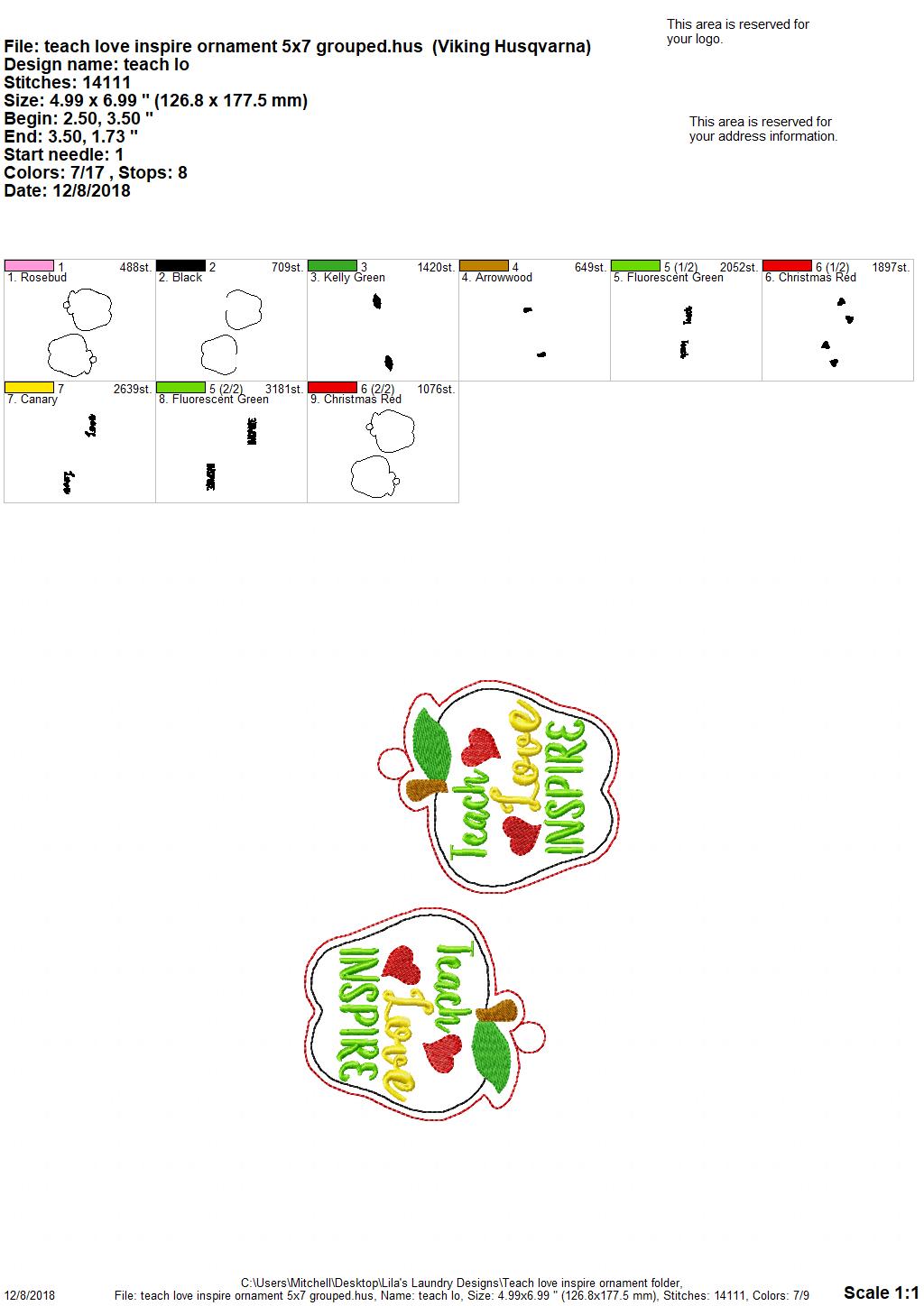 Teach Love Inspire Ornament - Digital Embroidery Design