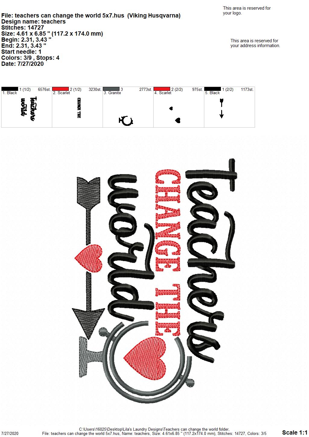 Teachers can change the world - 2 Sizes - Digital Embroidery Design