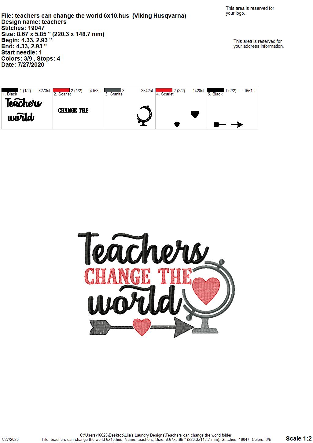 Teachers can change the world - 2 Sizes - Digital Embroidery Design