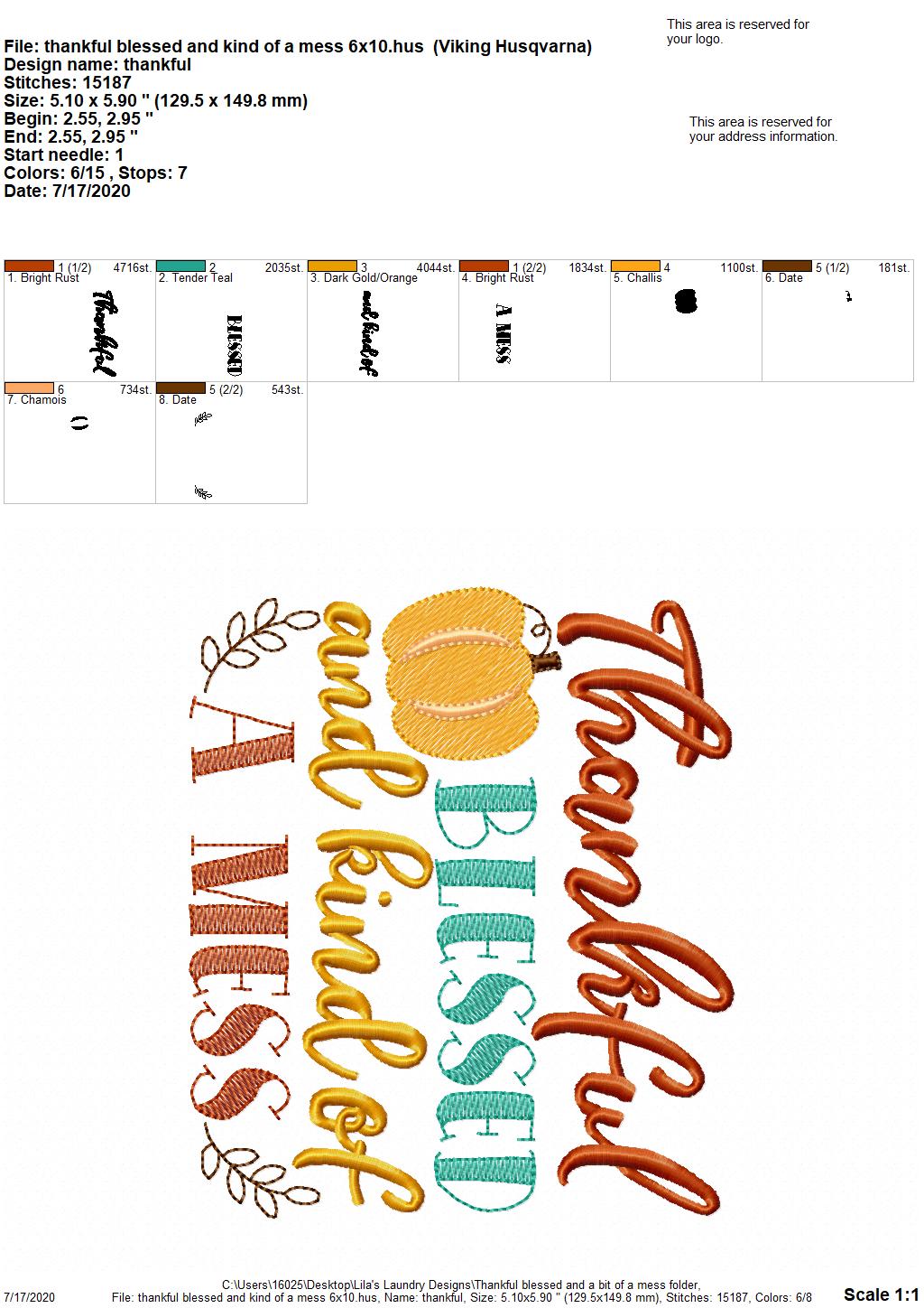 Thankful Blessed and Kind of a Mess - 3 Sizes - Digital Embroidery Design