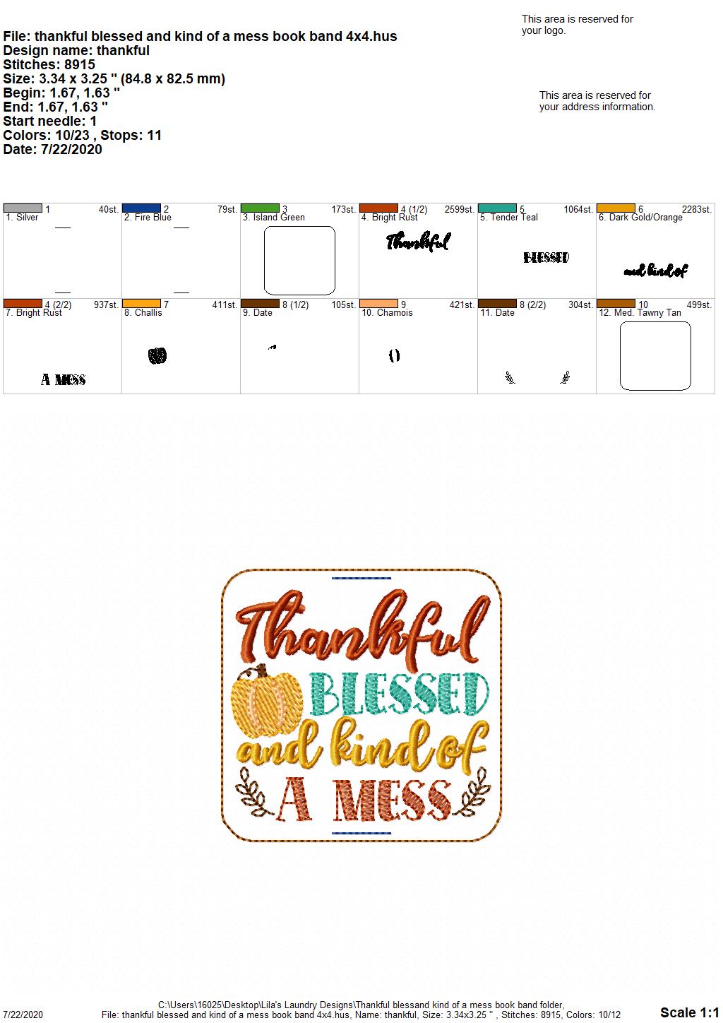 Thankful Bless and kind of a mess Book Band - Digital Embroidery Design