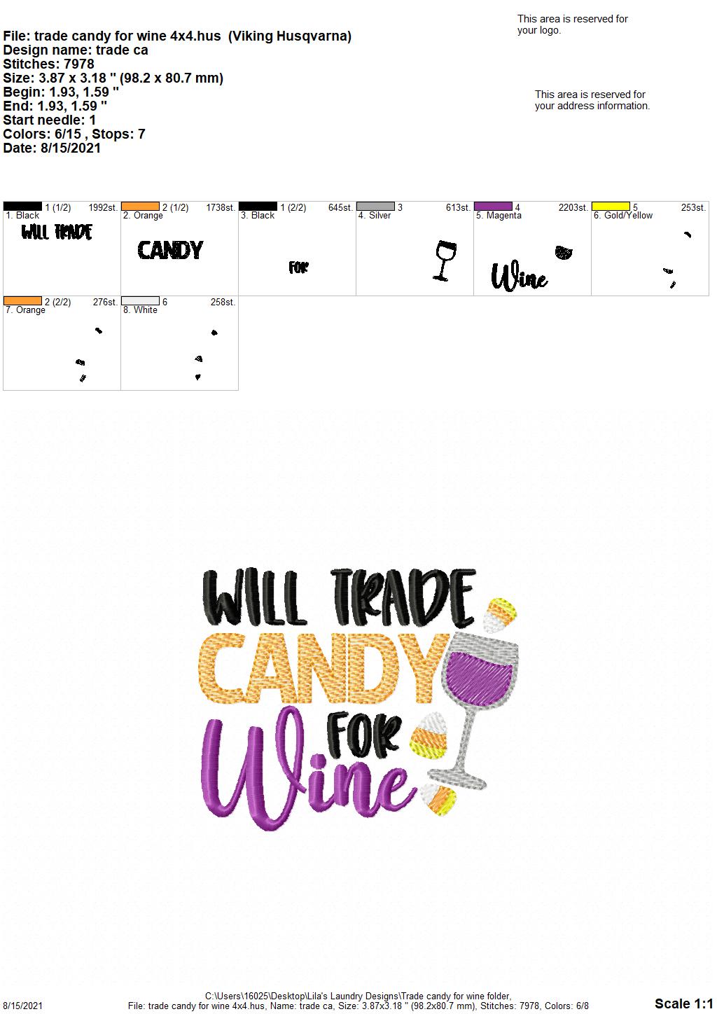 Trade Candy for Wine - 4 sizes- Digital Embroidery Design