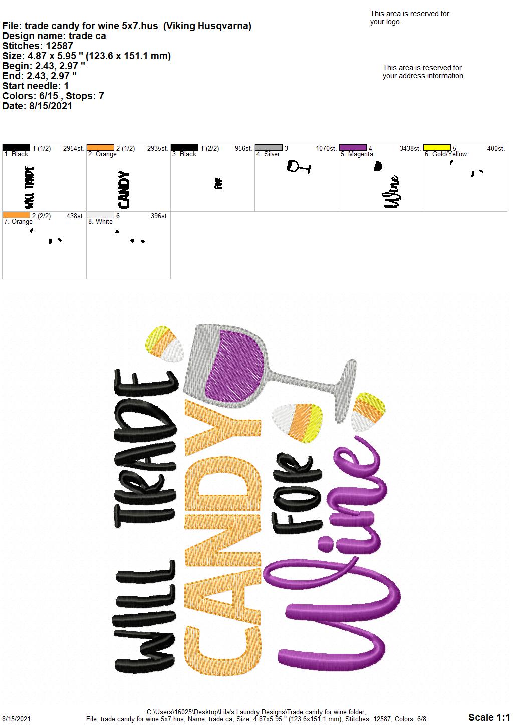 Trade Candy for Wine - 4 sizes- Digital Embroidery Design