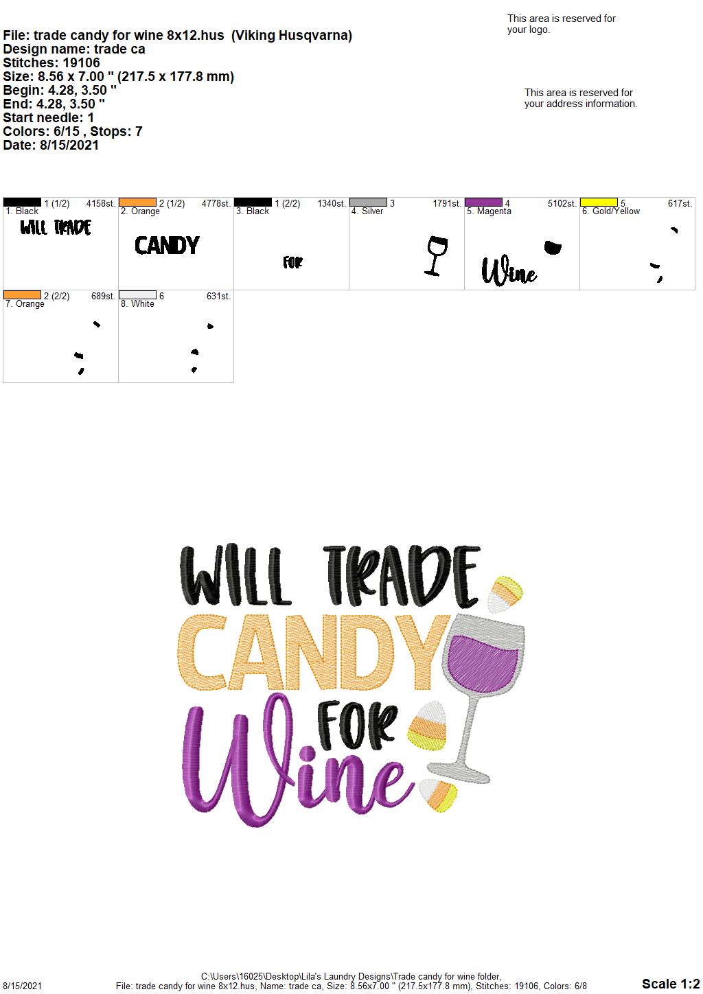 Trade Candy for Wine - 4 sizes- Digital Embroidery Design
