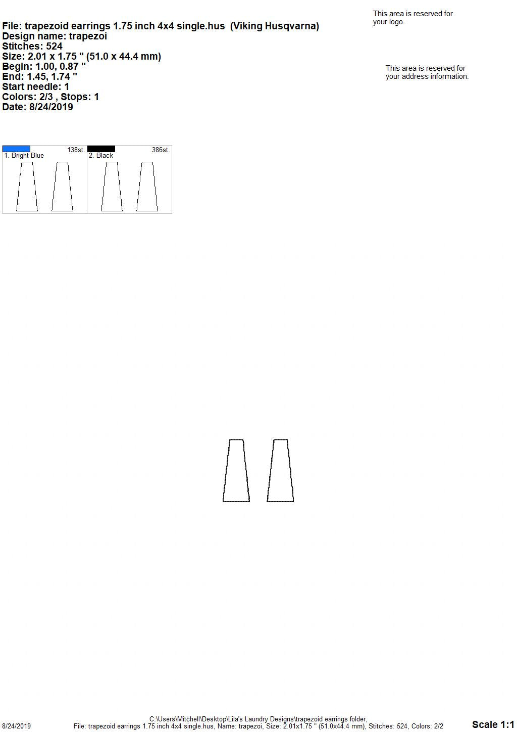Trapezoid Earrings - 3 sizes - Digital Embroidery Design