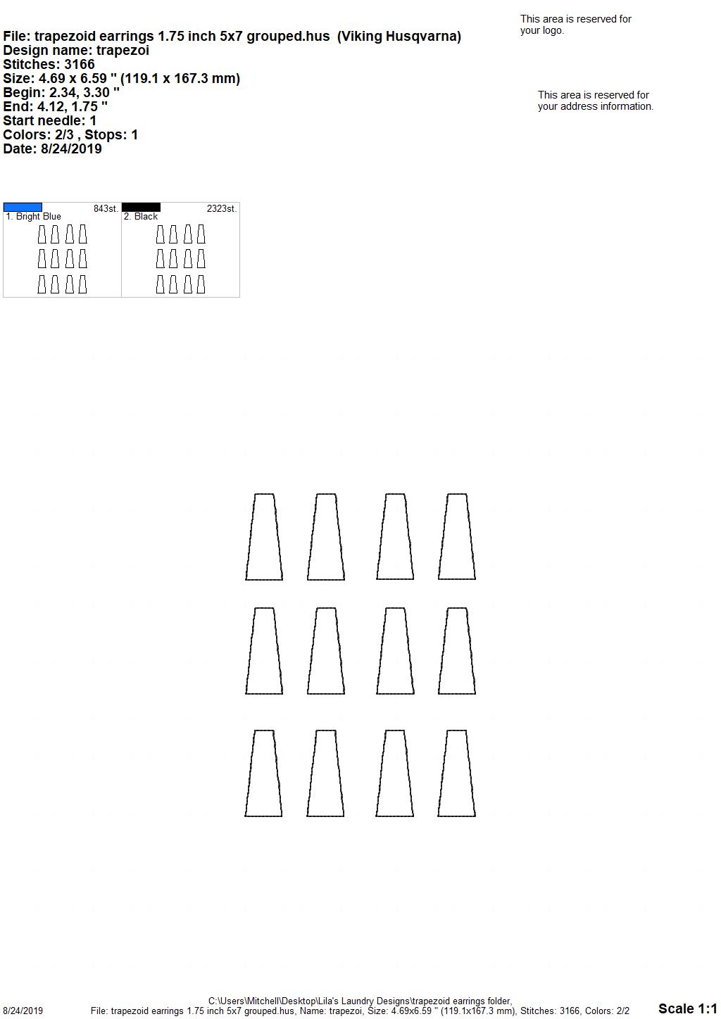 Trapezoid Earrings - 3 sizes - Digital Embroidery Design