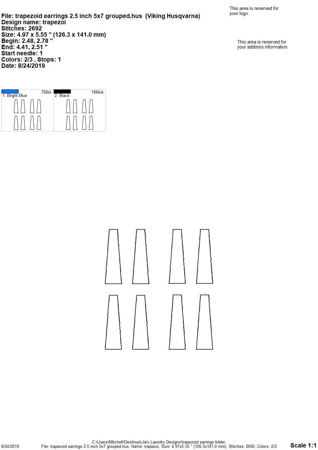 Trapezoid Earrings - 3 sizes - Digital Embroidery Design