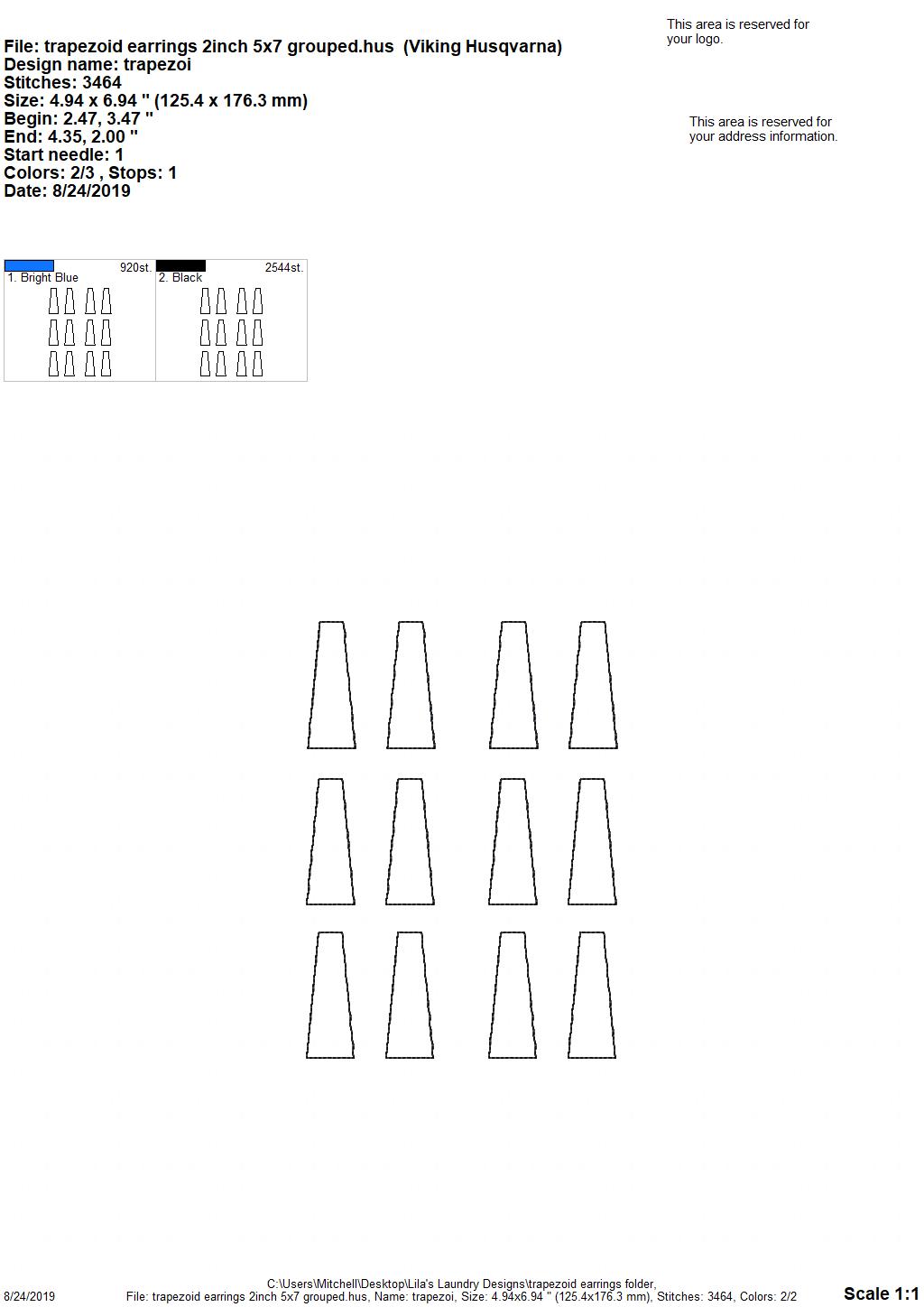 Trapezoid Earrings - 3 sizes - Digital Embroidery Design