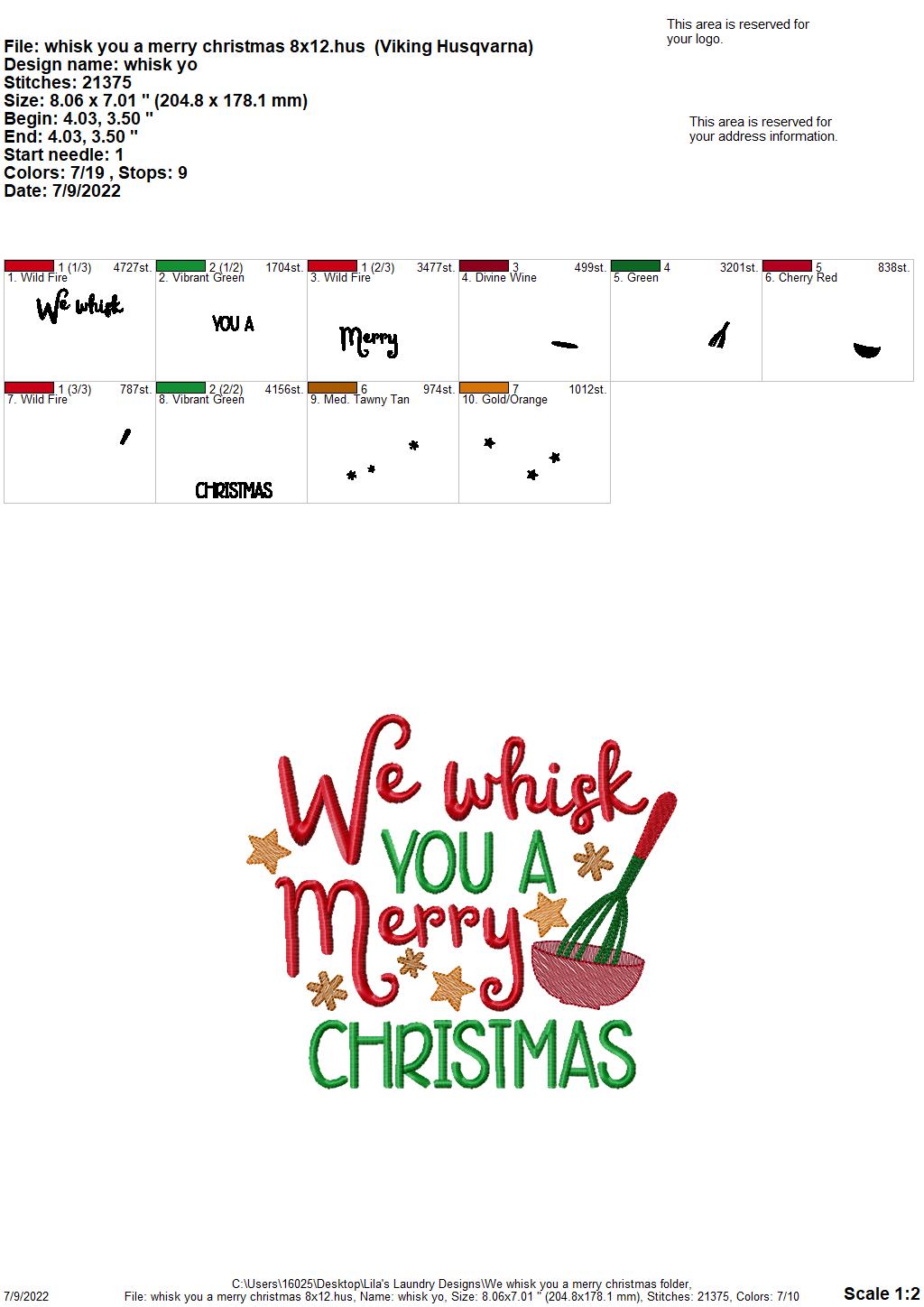Whisk You a Merry Christmas - 4 sizes- Digital Embroidery Design